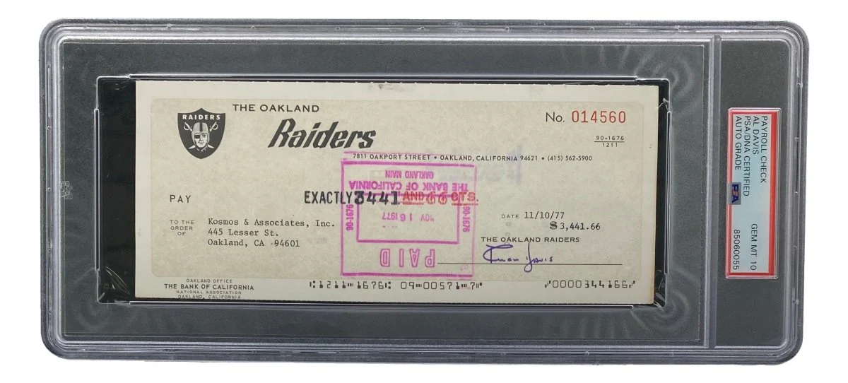 Al Davis Signed Oakland Raiders Bank Check #14560 PSA/DNA Gem MT 10