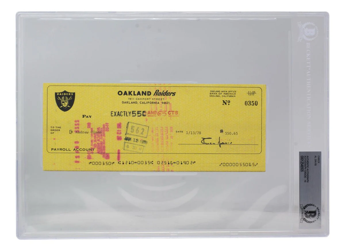 Al Davis Signed Oakland Raiders Bank Check #350 BGS