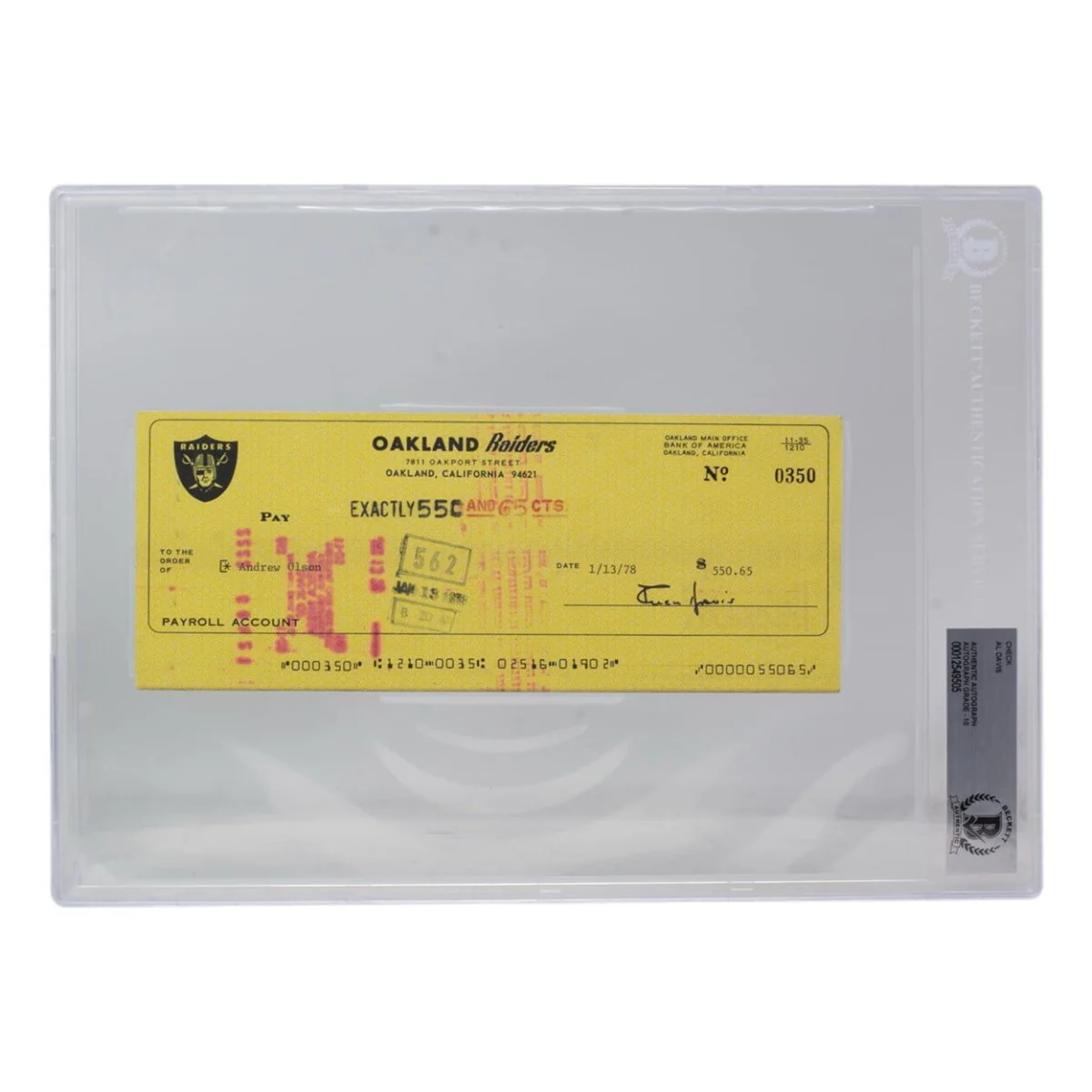 Al Davis Signed Oakland Raiders Bank Check #350 BGS - Image 3