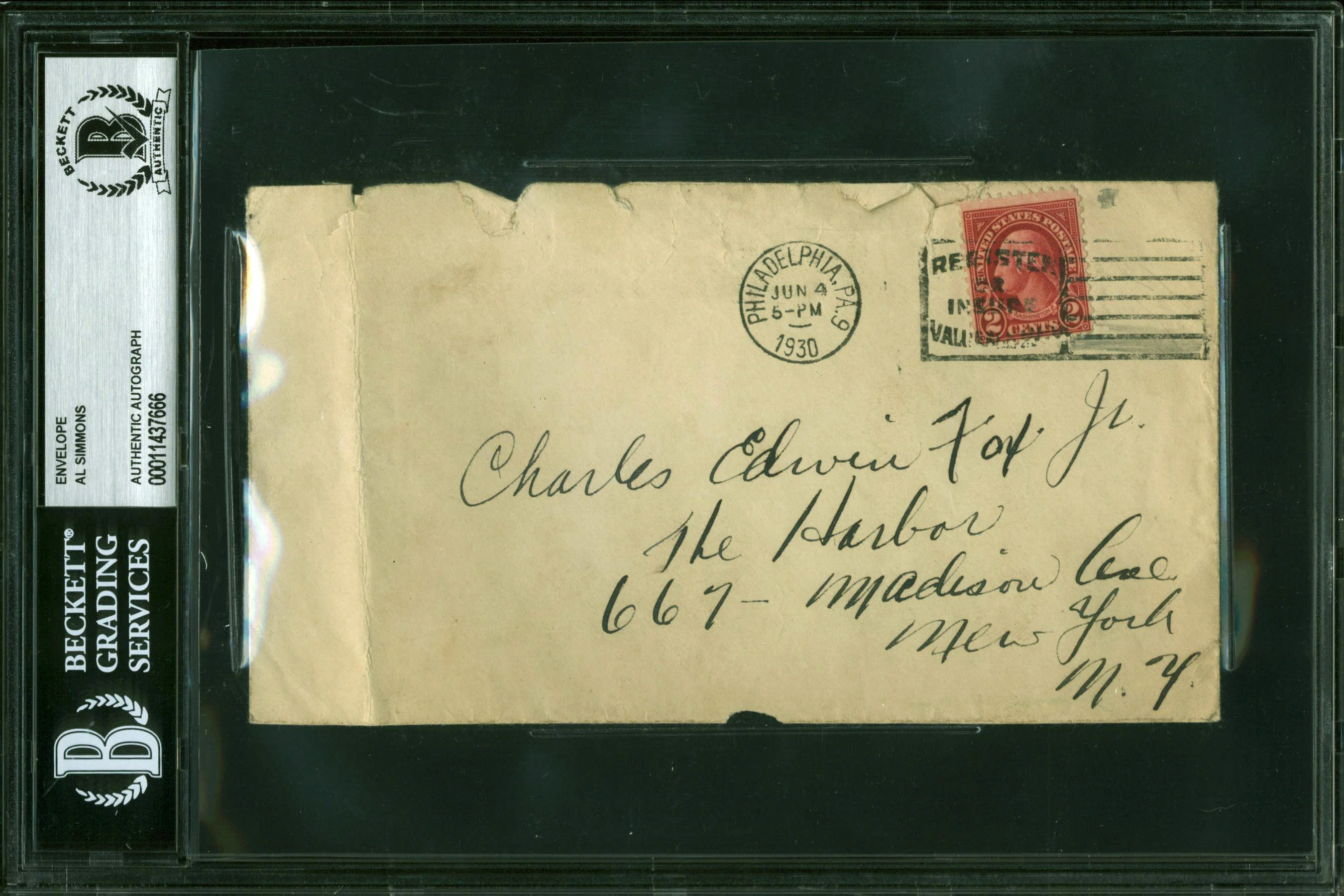 Al Simmons 3.5x6.5 Hand Written Envelope Postmarked June 4 1930 BAS Slabbed - Image 2