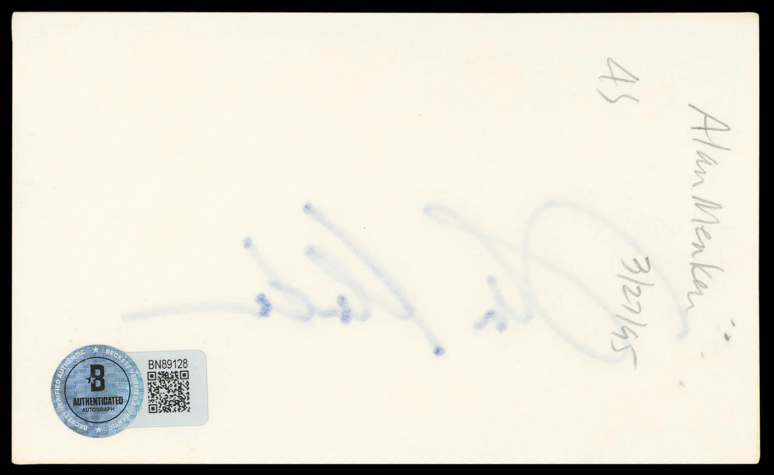Alan Menken Beauty and the Beast Authentic Signed 3x5 Index Card BAS #BN89128 - Image 3