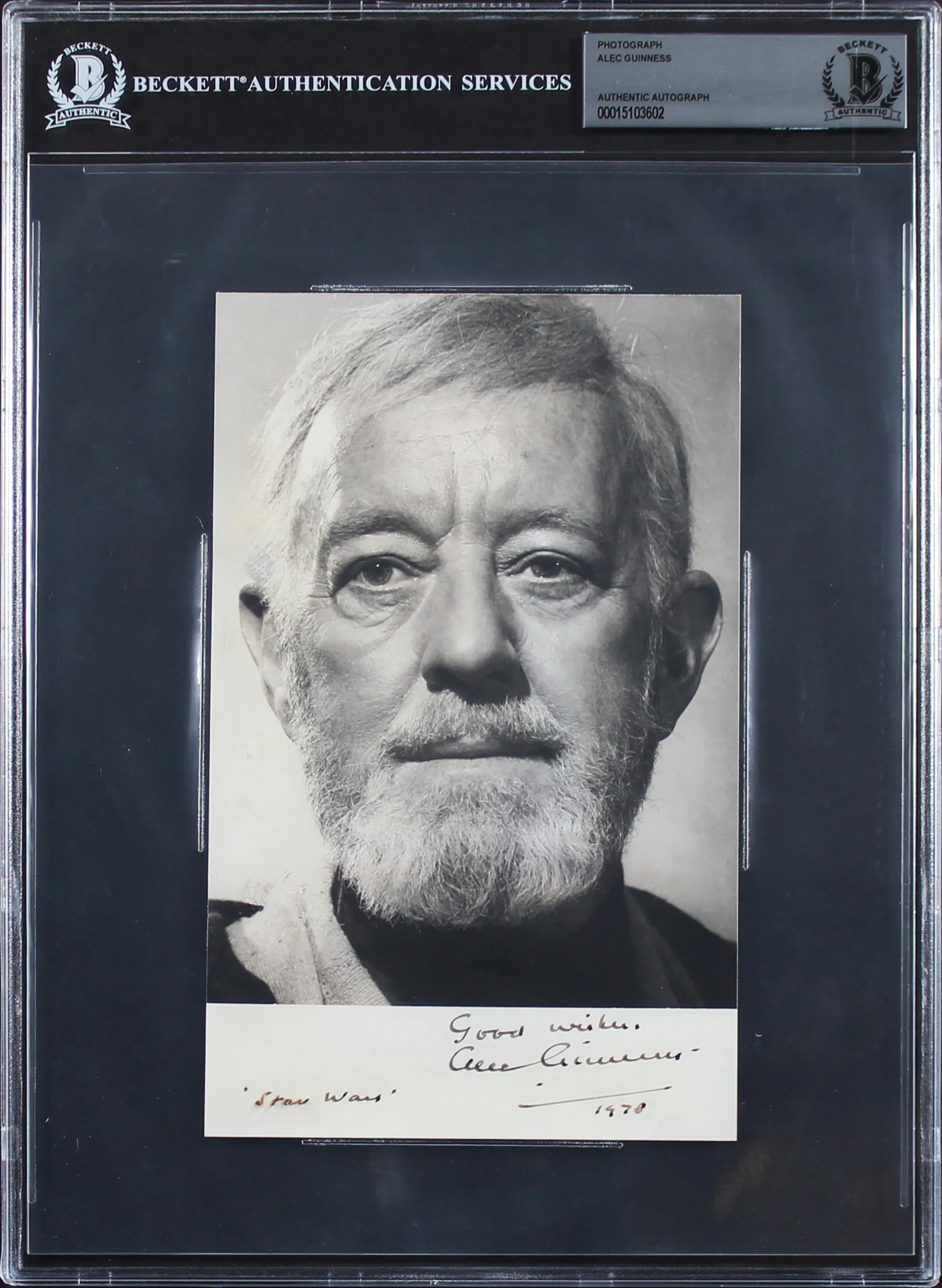 Alec Guinness "Star Wars, Good Wishes 1978" Signed B&W 5x8 Photo BAS Slabbed - Image 2