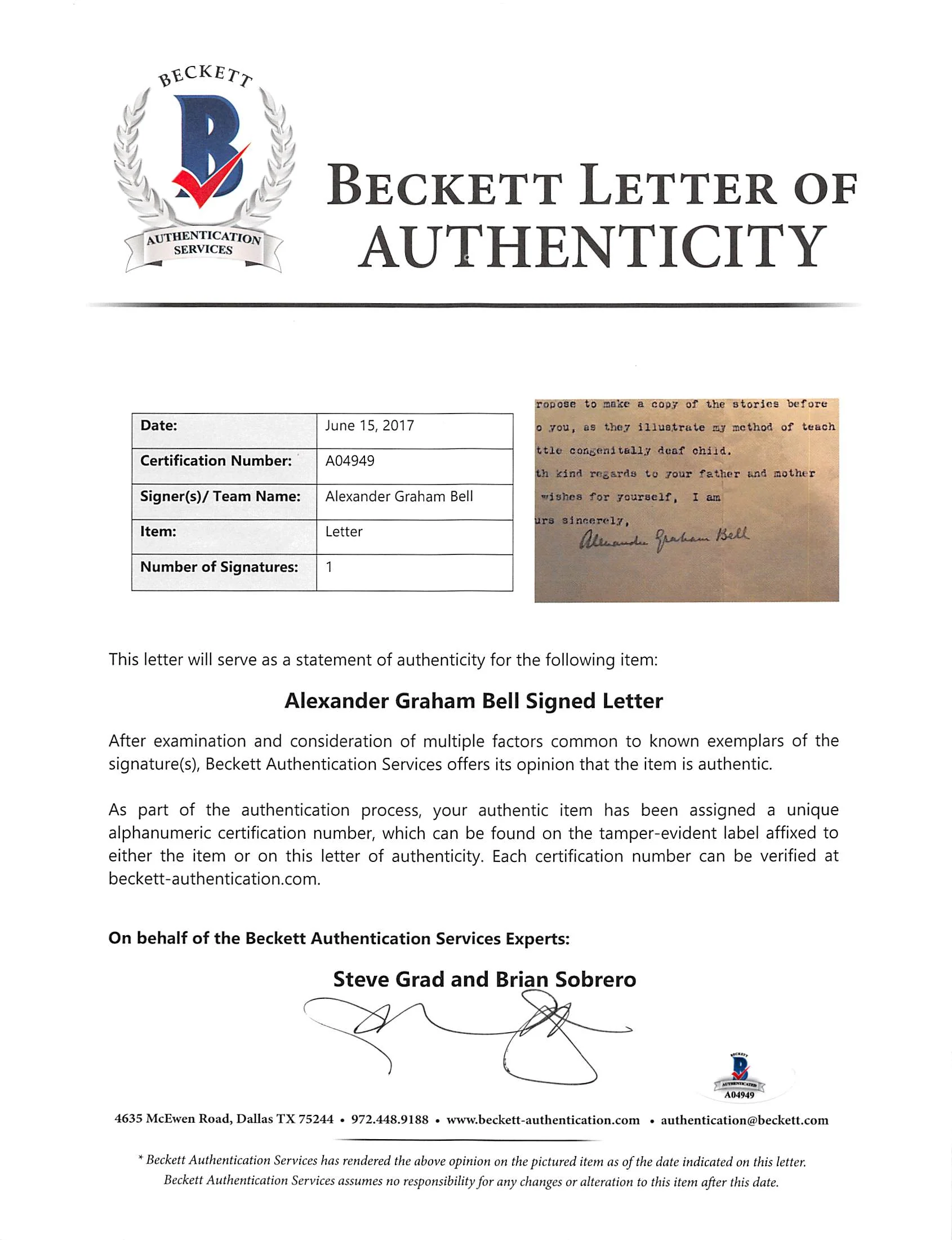 Alexander Graham Bell Authentic Signed & Framed 1915 Typed Letter BAS #A04949 - Image 5