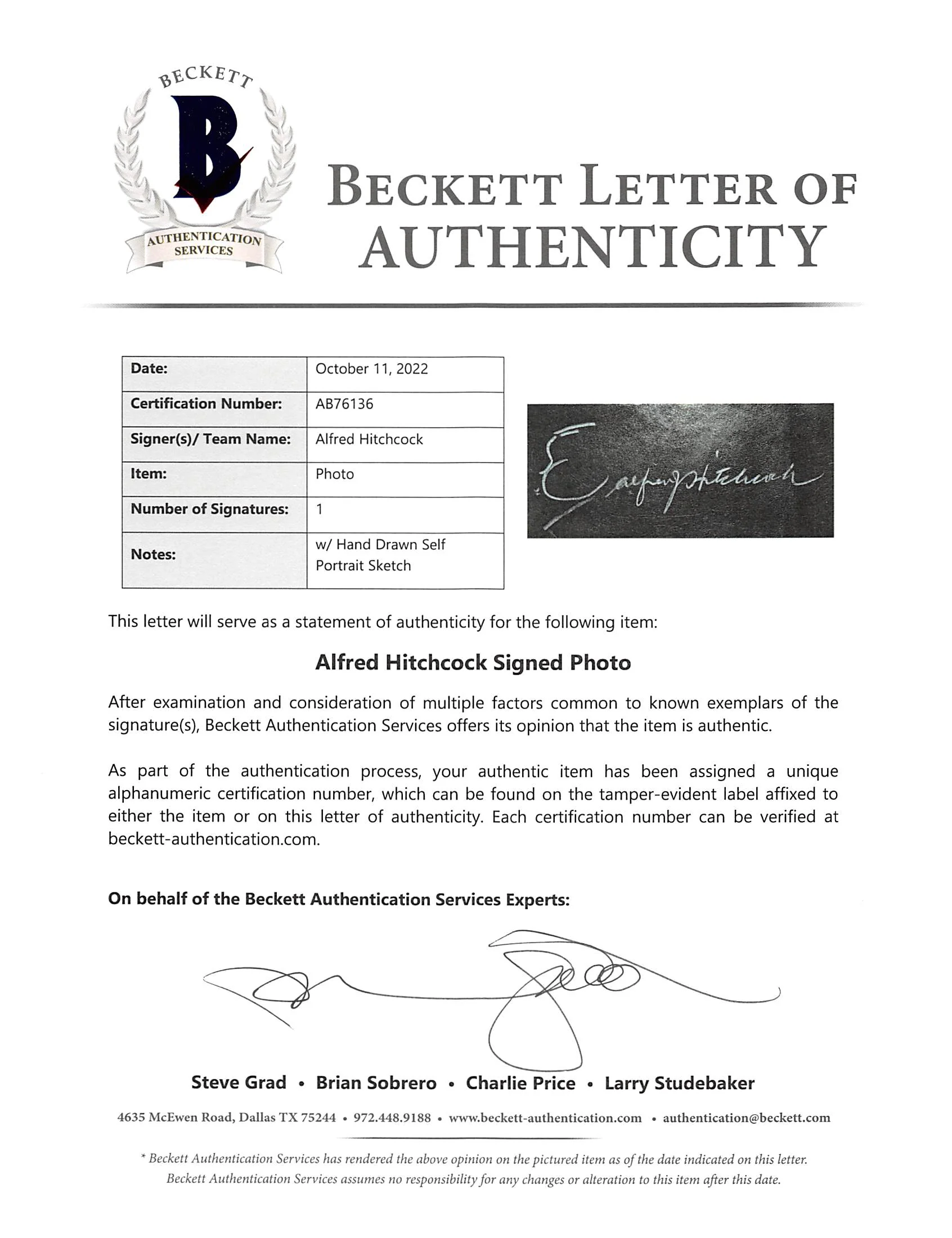 Alfred Hitchcock Signed B&W 10x13 Photo w/ Self Portrait Sketch BAS #AB76136 - Image 4