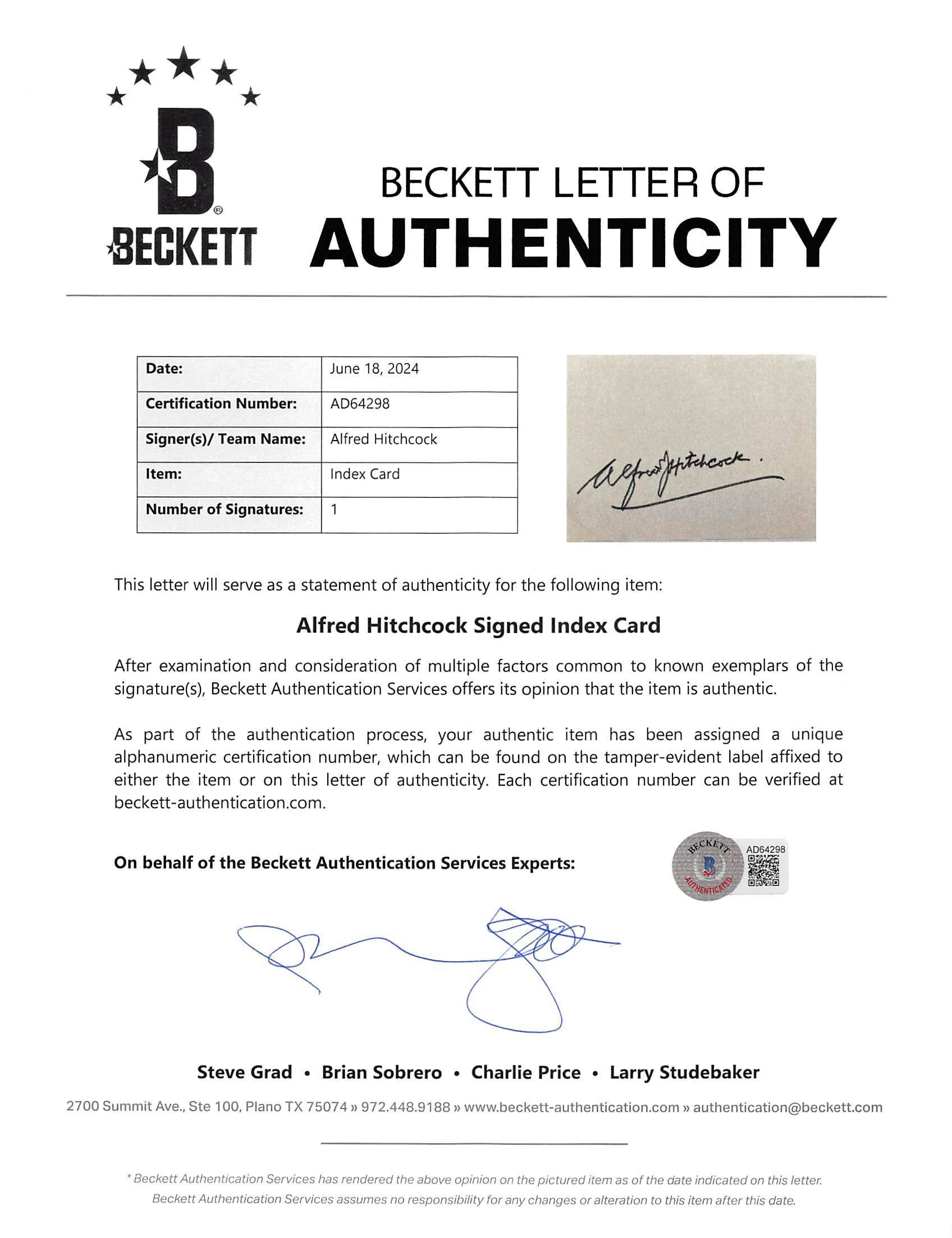 Alfred Hitchcock The Birds Authentic Signed 3x5 Index Card BAS #AD64298 - Image 3