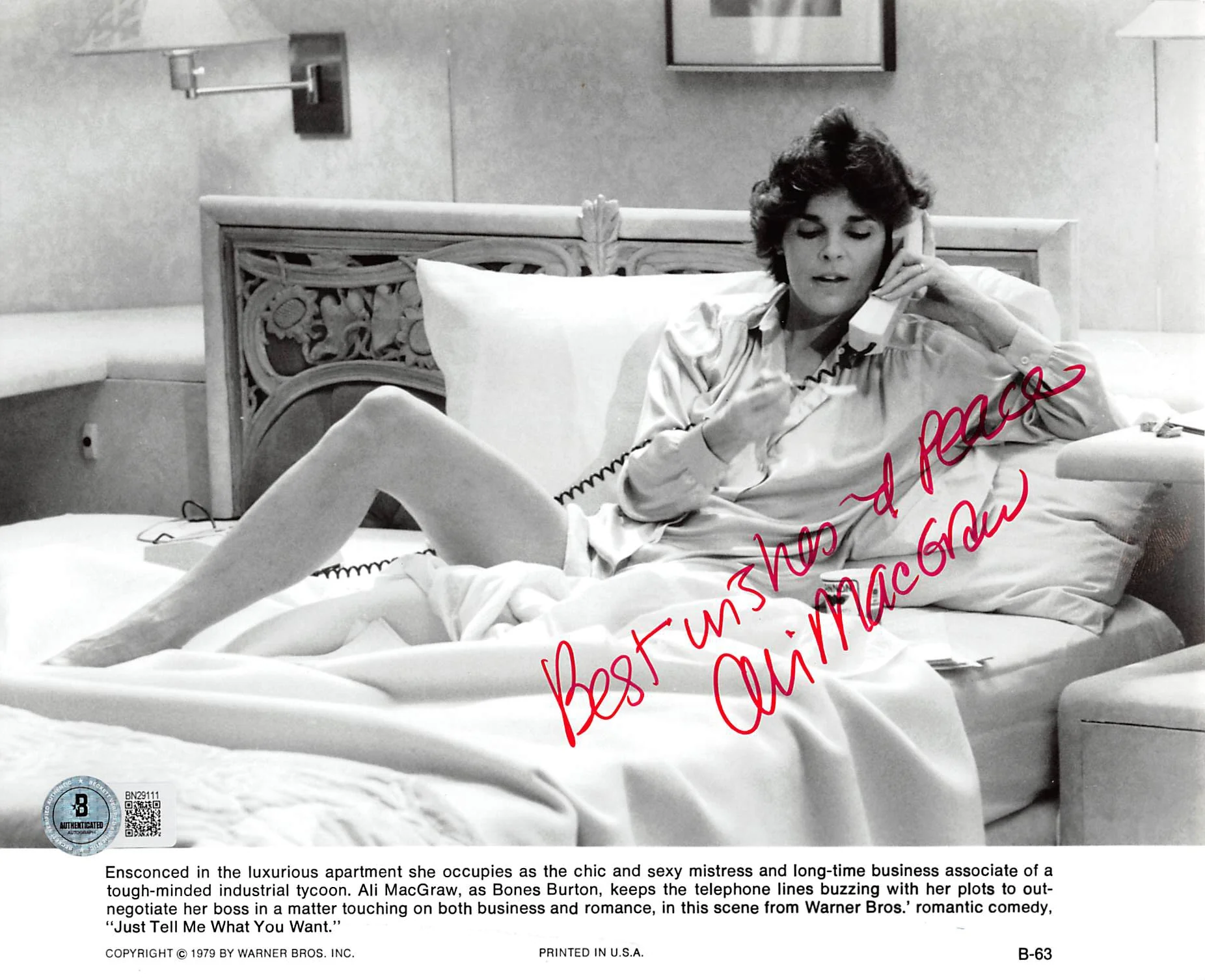 Ali MacGraw Just Tell Me What You Want Signed 7.5x9.5 Photo BAS #BN29111 - Image 2