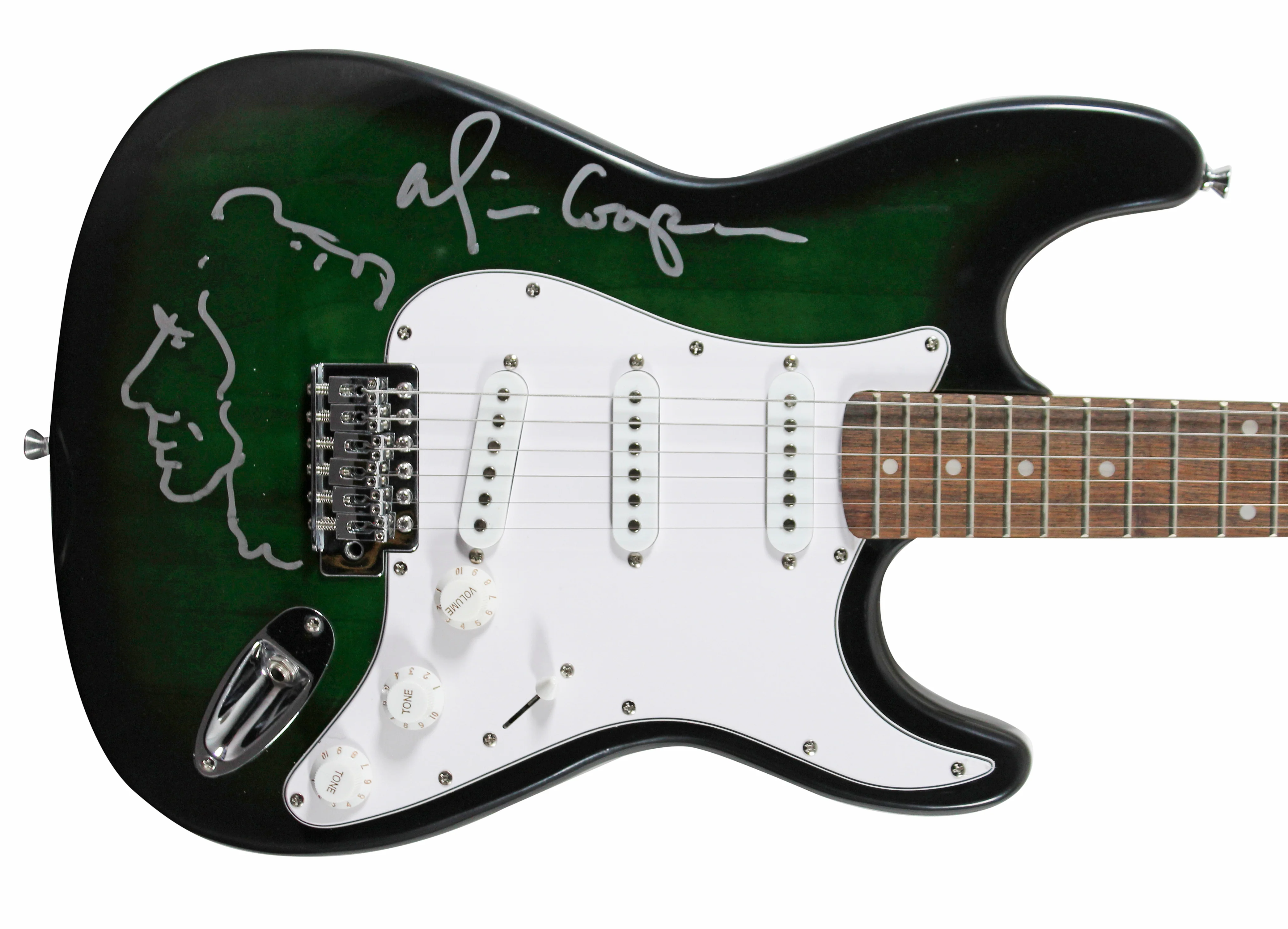 Alice Cooper Signed Green Sunburst Electric Guitar w/ Self Portrait Sketch BAS W - Image 2