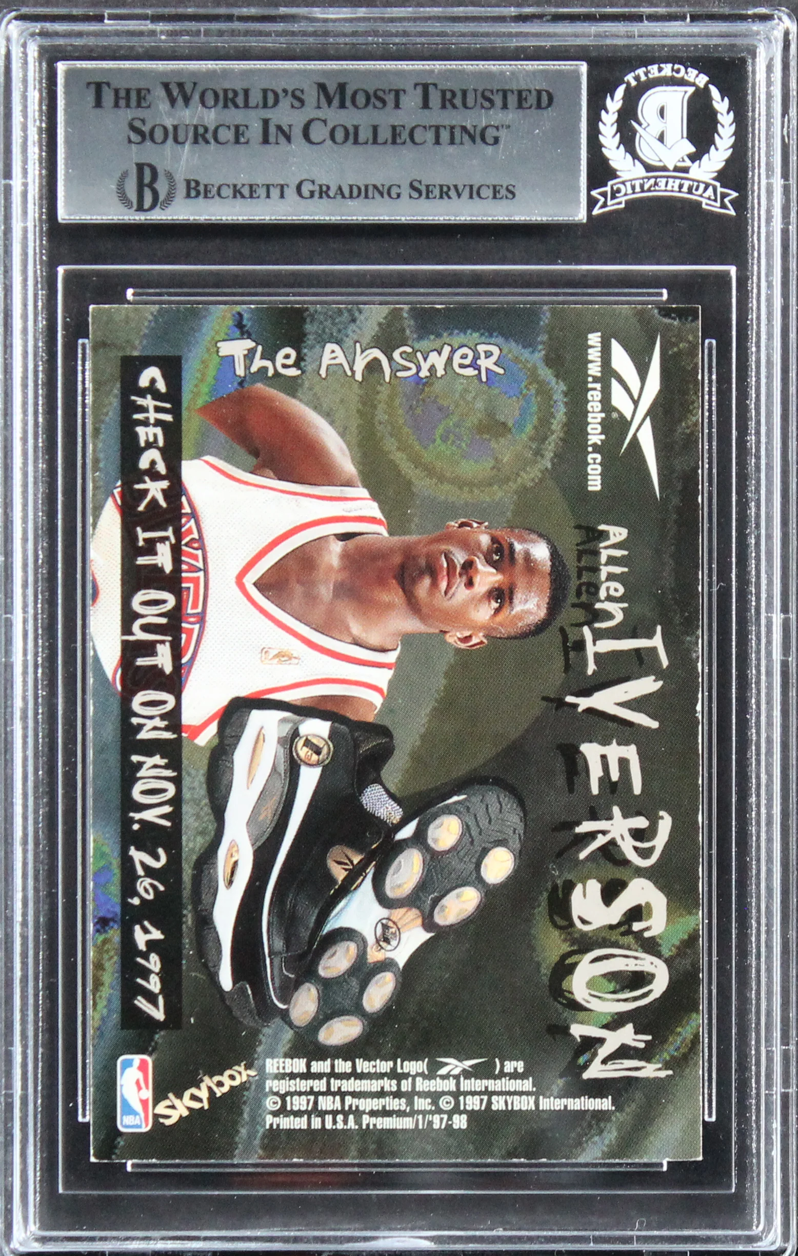 Allen Iverson Signed 1997 Skybox Premium Reebok Chase Silver #100 Card BAS Slab - Image 3