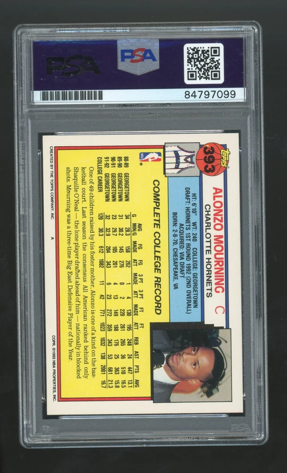 Alonzo Mourning 1992-93 Topps PSA Authentic Auto - Image 2