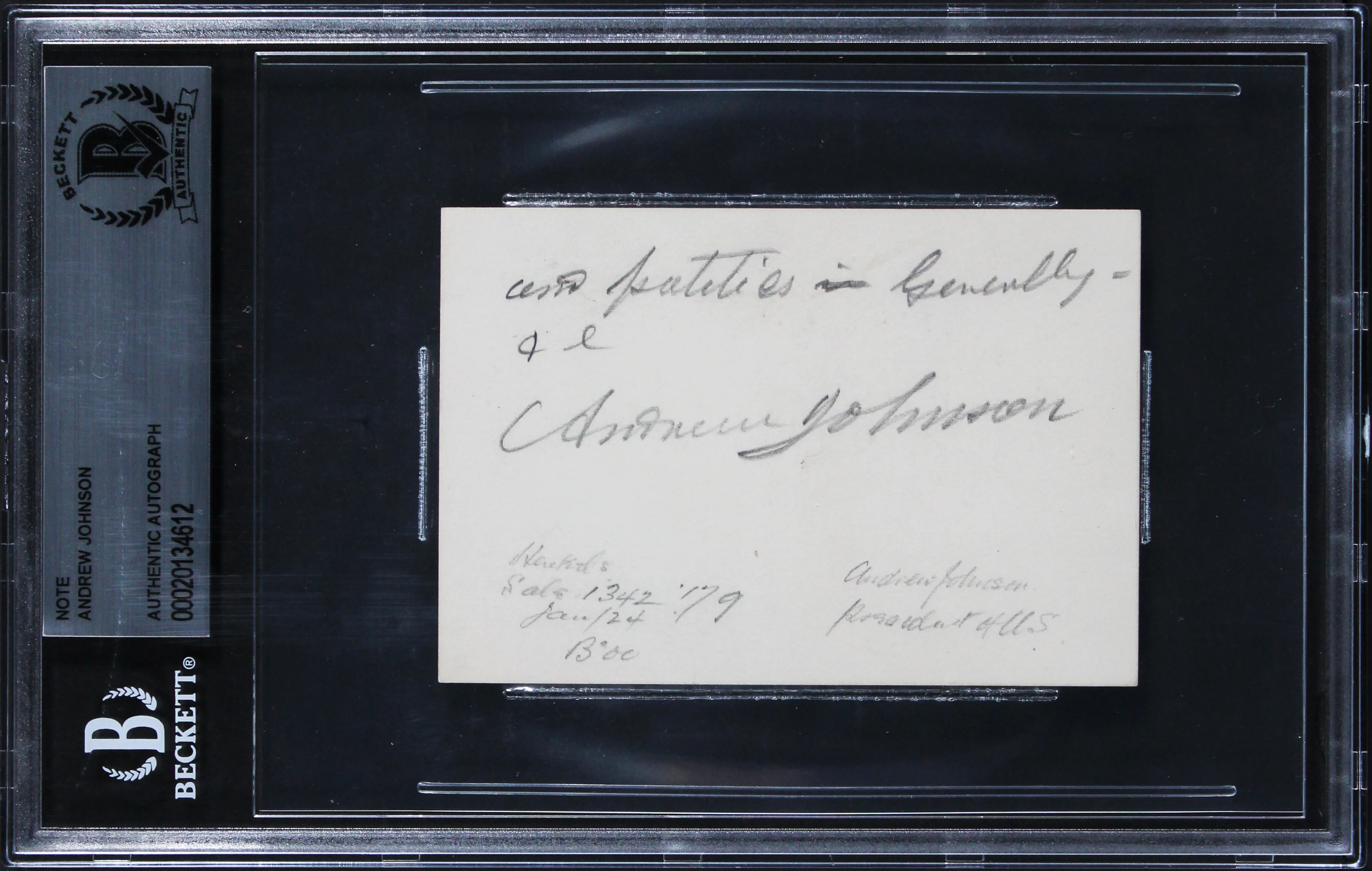 Andrew Johnson Authentic Signed 3.75x2.5 Undated Handwritten Note BAS Slabbed - Image 2