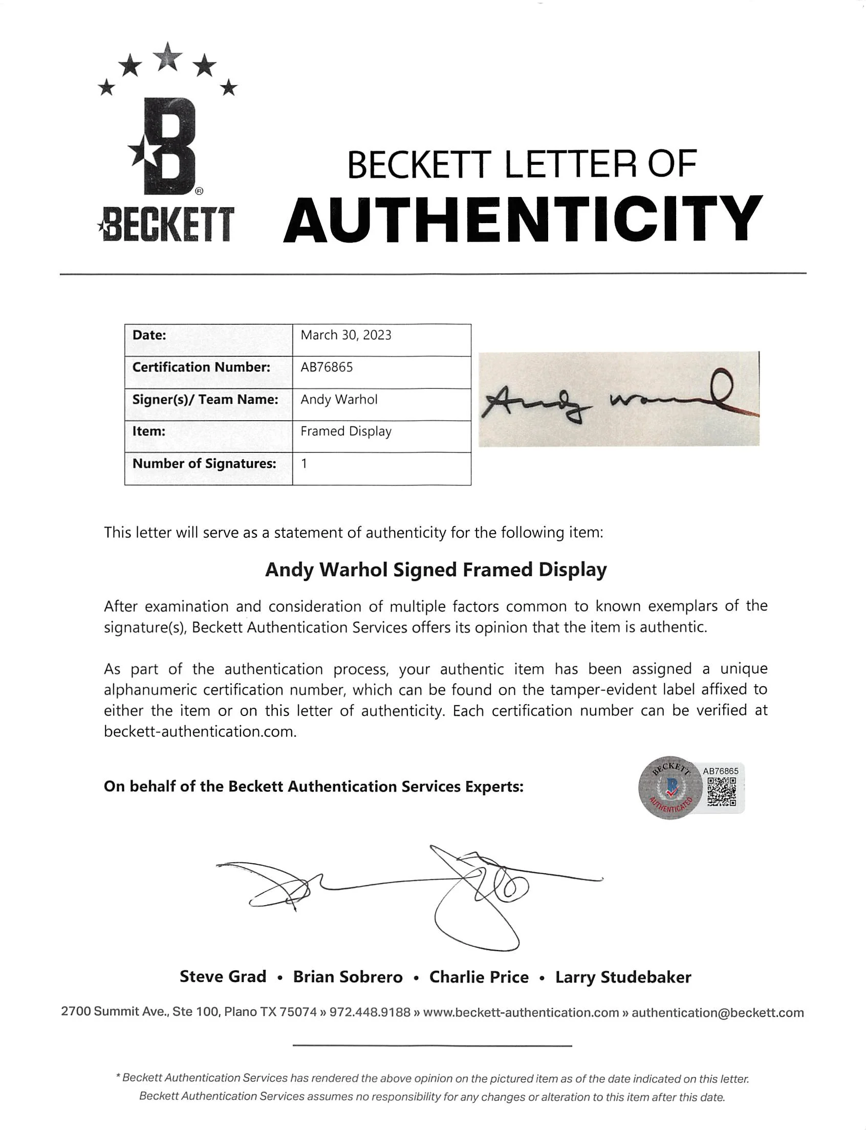 Andy Warhol Authentic Signed & Framed 2.5x7.5 Cut Signature BAS #AB76865 - Image 4