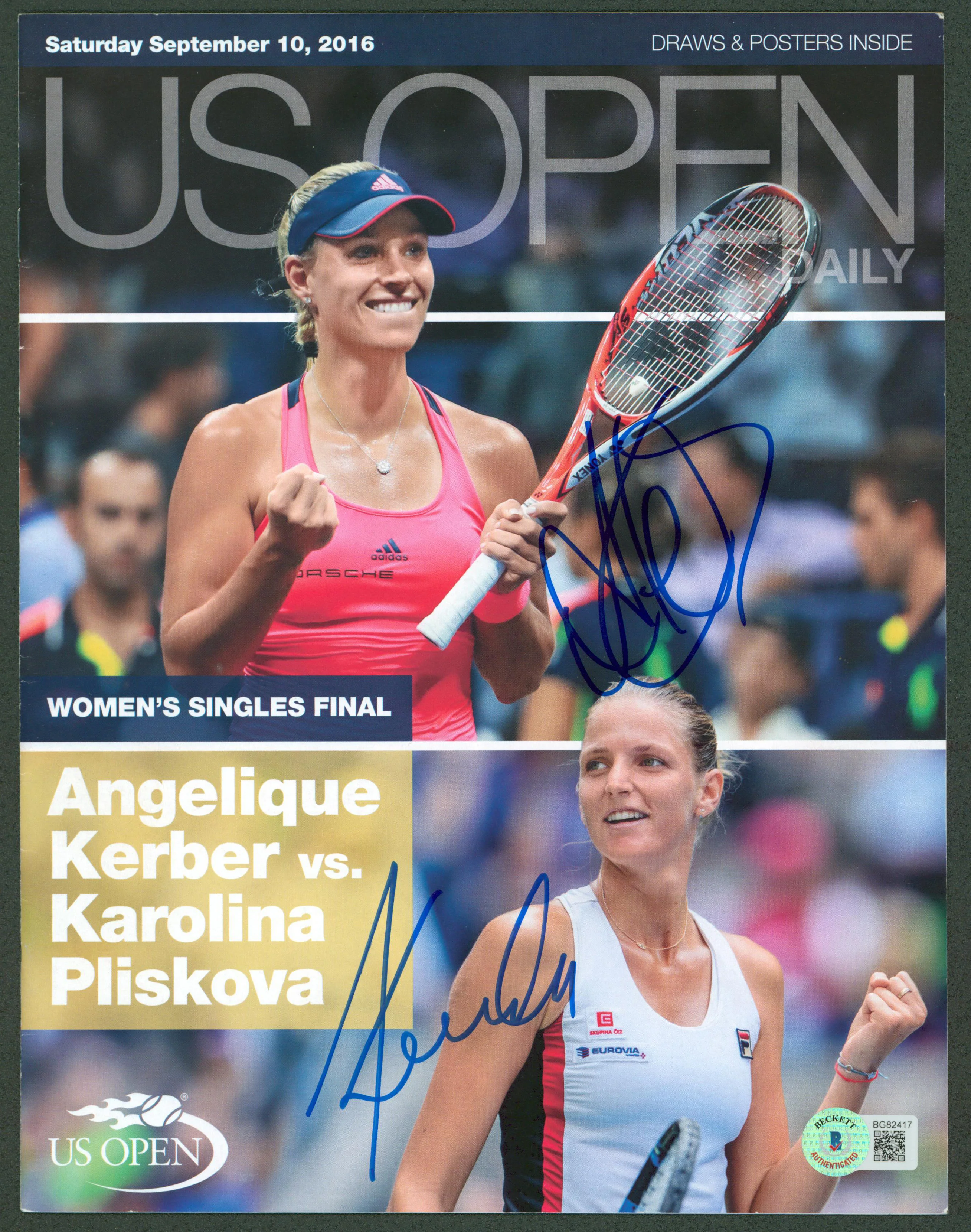 Angelique Kerber & Karolina Pliskova Signed 2016 US Open Program BAS #BG82417 - Image 2