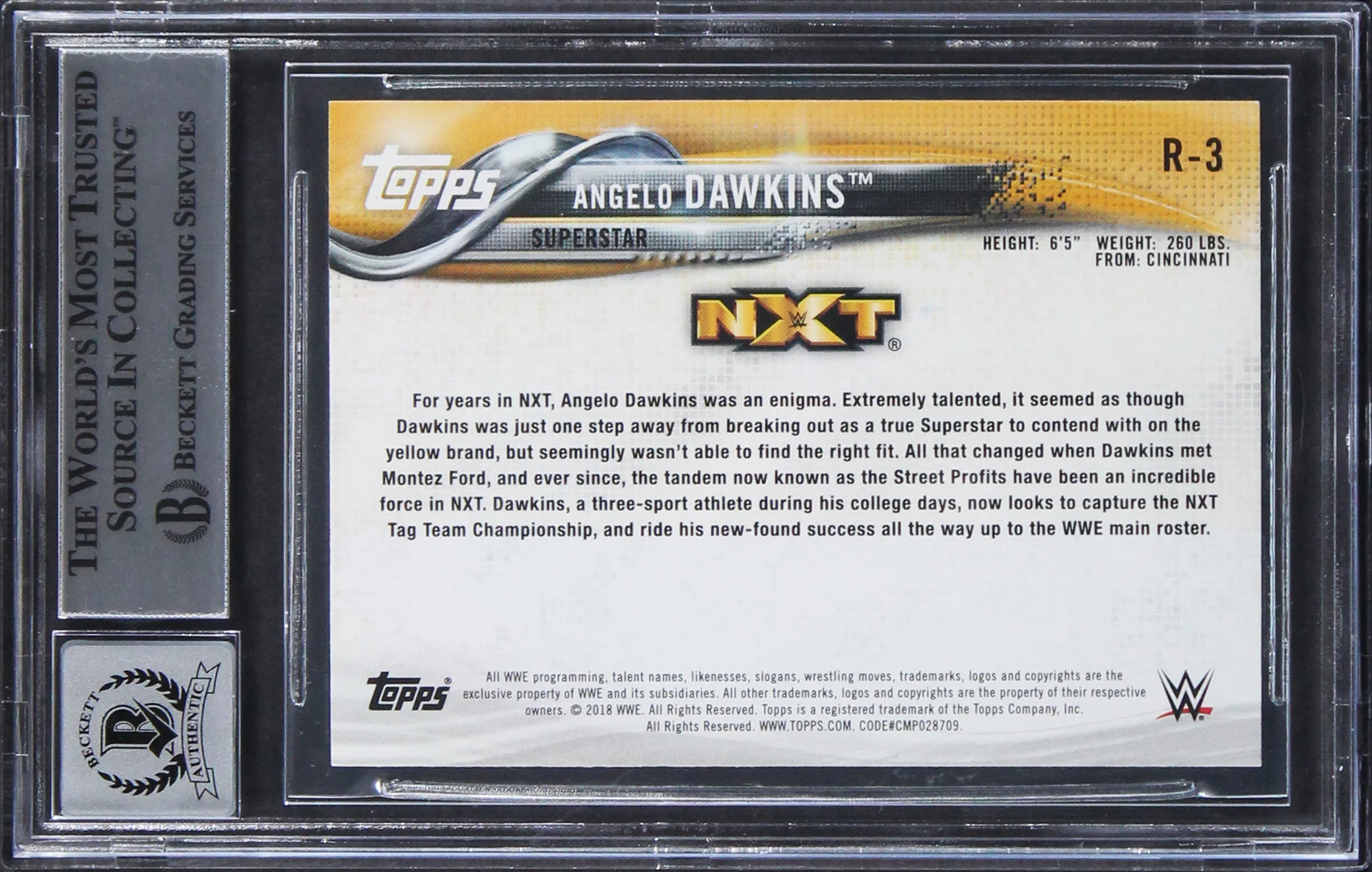 Angelo Dawkins Signed 2018 Topps WWE Roster Updates #R3 Card Auto 10! BAS Slab - Image 3