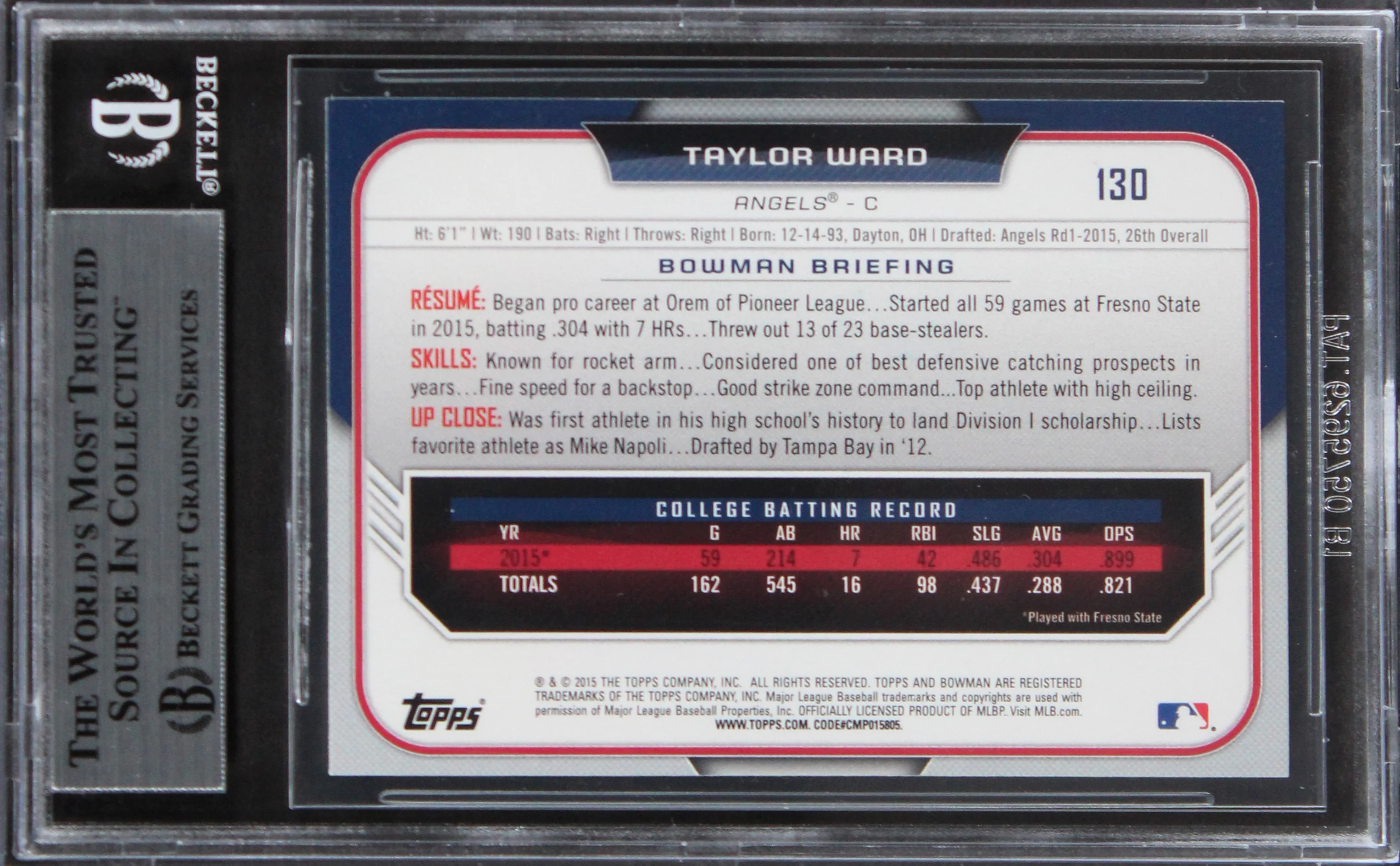Angels Taylor Ward Authentic Signed 2015 Bowman Draft #130 RC Card BAS Slabbed - Image 3