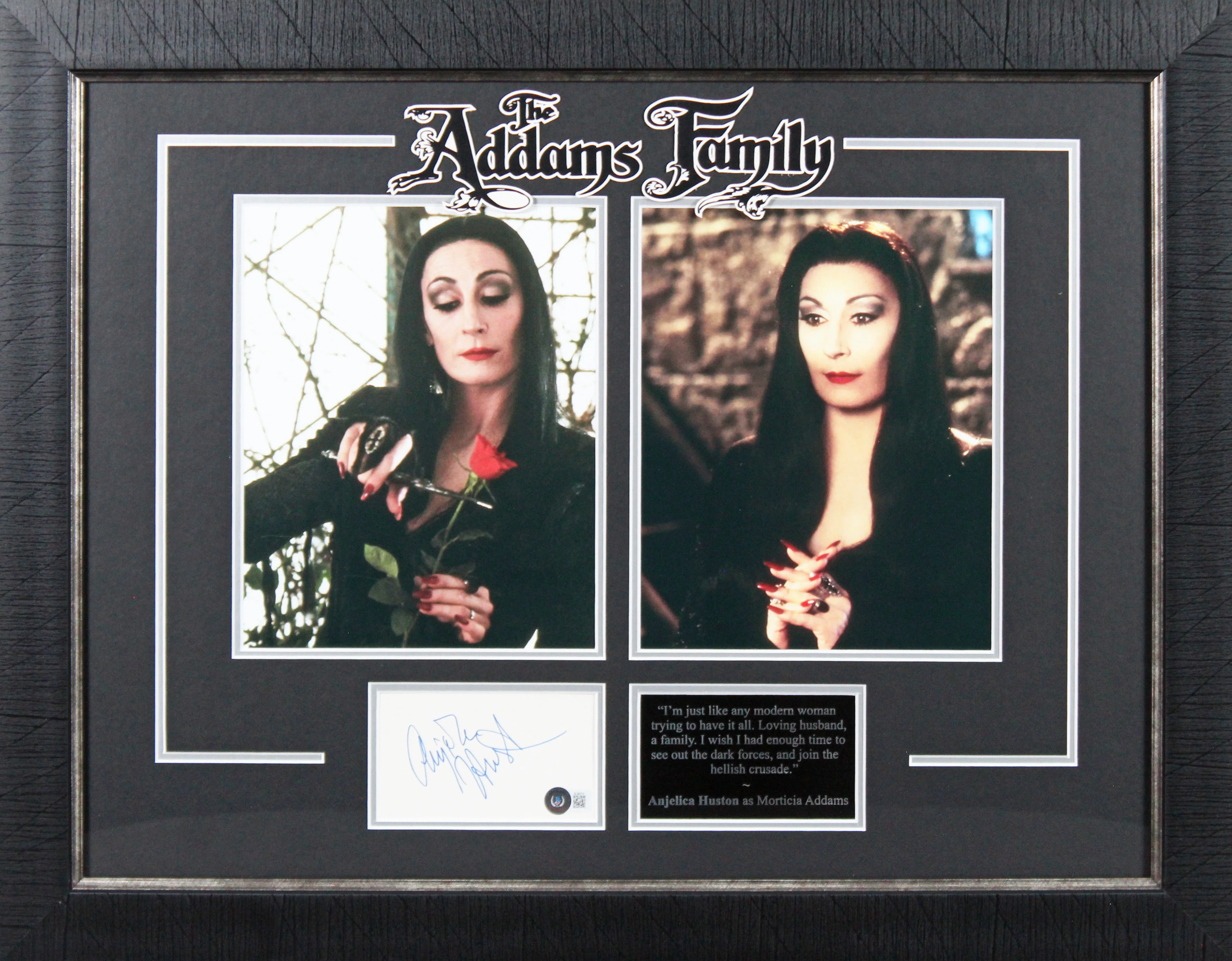 Anjelica Huston The Addams Family Signed Index Card Framed Display BAS