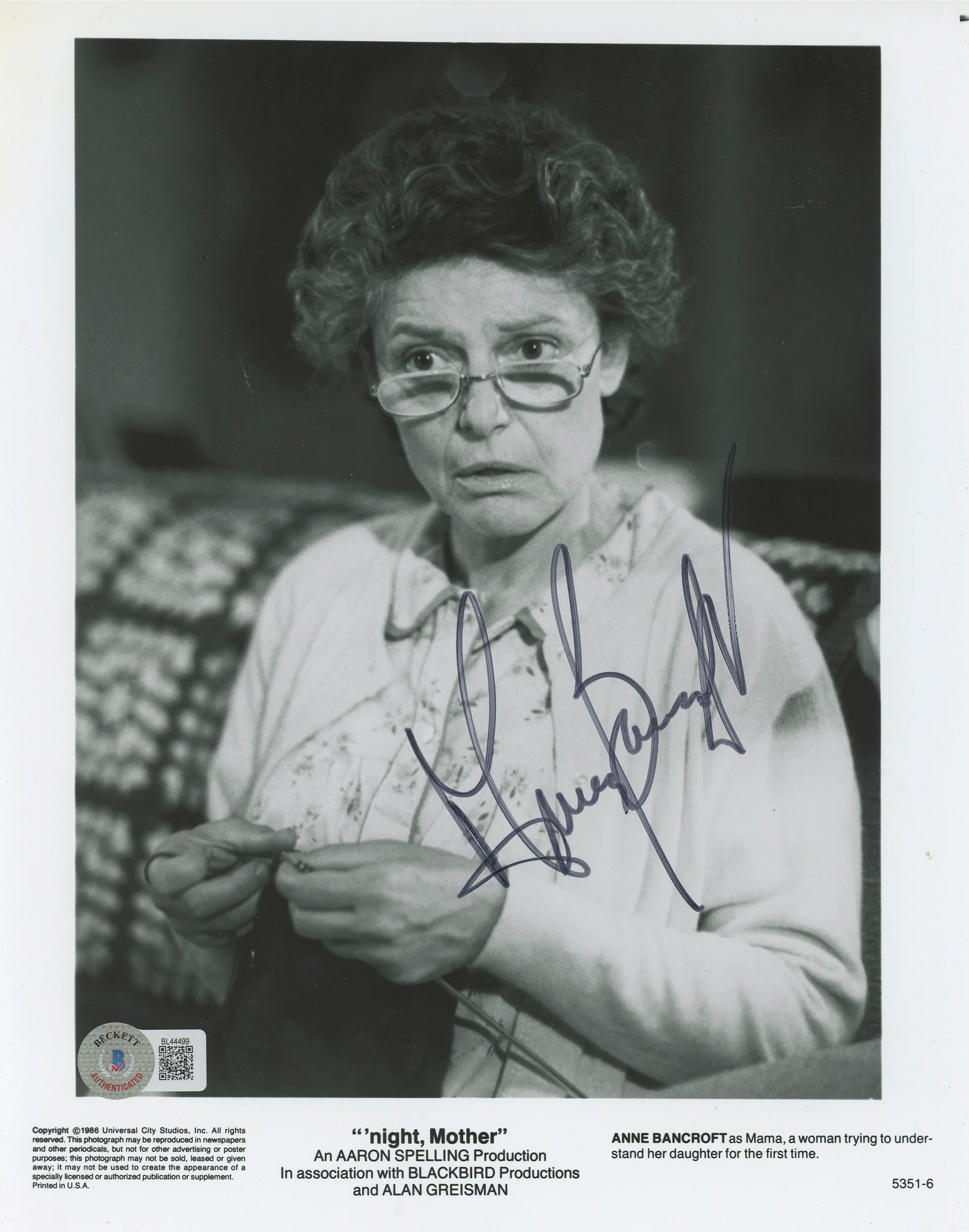 Anne Bancroft 'night, Mother Authentic Signed 8x10 Photo BAS #BL44499 - Image 2