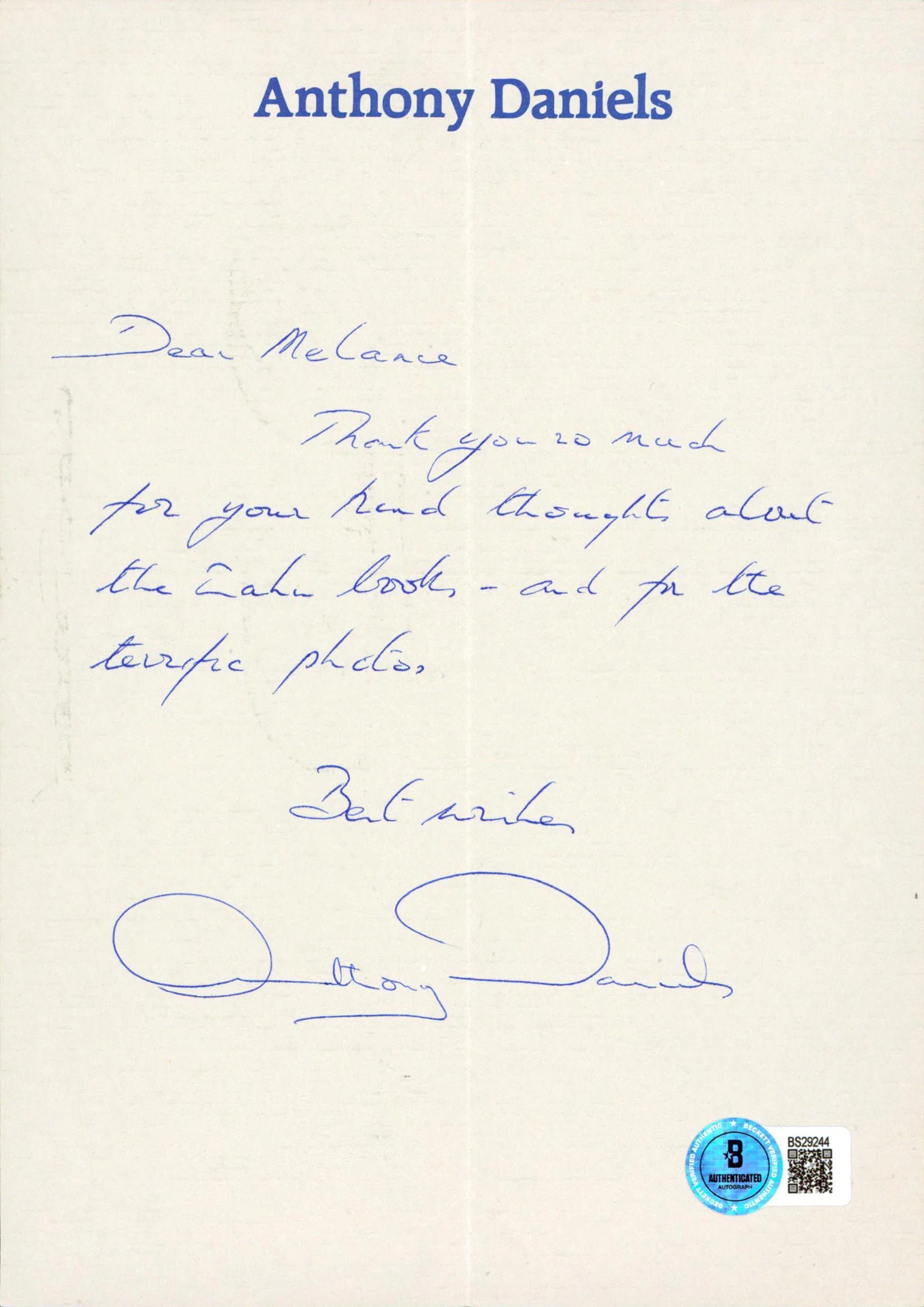 Anthony Daniels Star Wars "Best Wishes" Signed 8.25x5.75 Letter BAS #BS29244