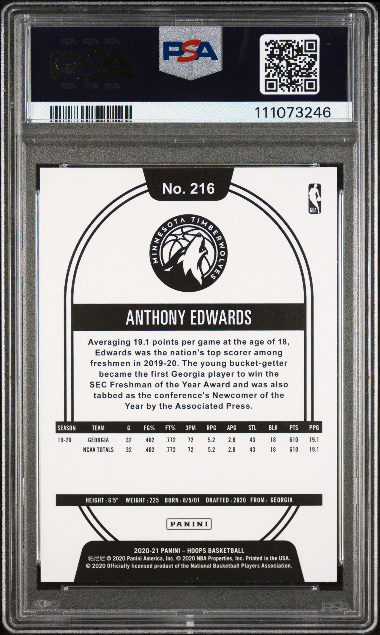 Anthony Edwards Signed 2020 Panini Hoops #216 Rookie Card 10! Auto 10! PSA Slab - Image 3