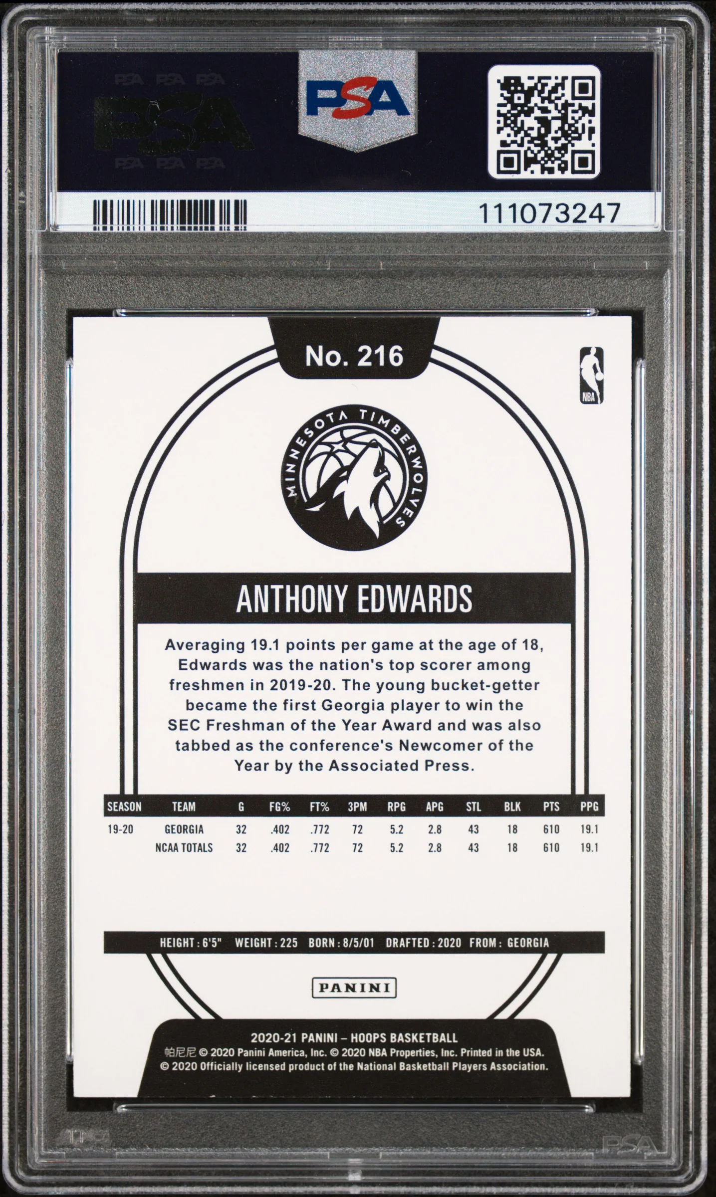 Anthony Edwards Signed 2020 Panini Hoops #216 Rookie Card Auto 10! PSA/DNA Slab - Image 3