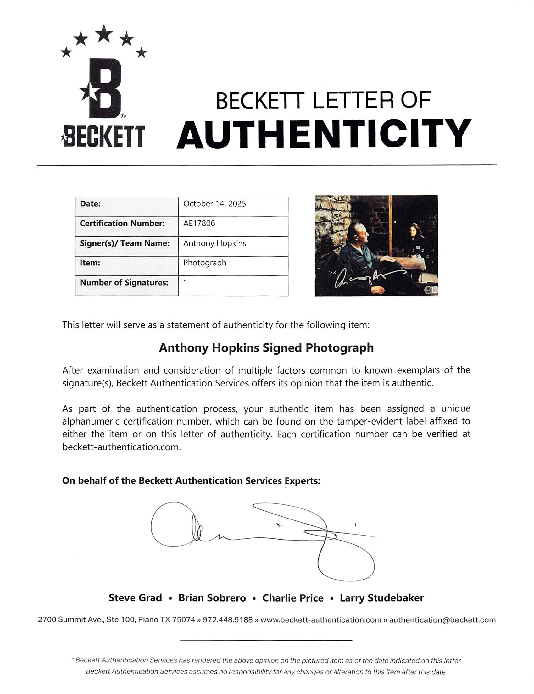 Anthony Hopkins The Silence of the Lambs Signed 8x10 Photo BAS #AE17806 - Image 3