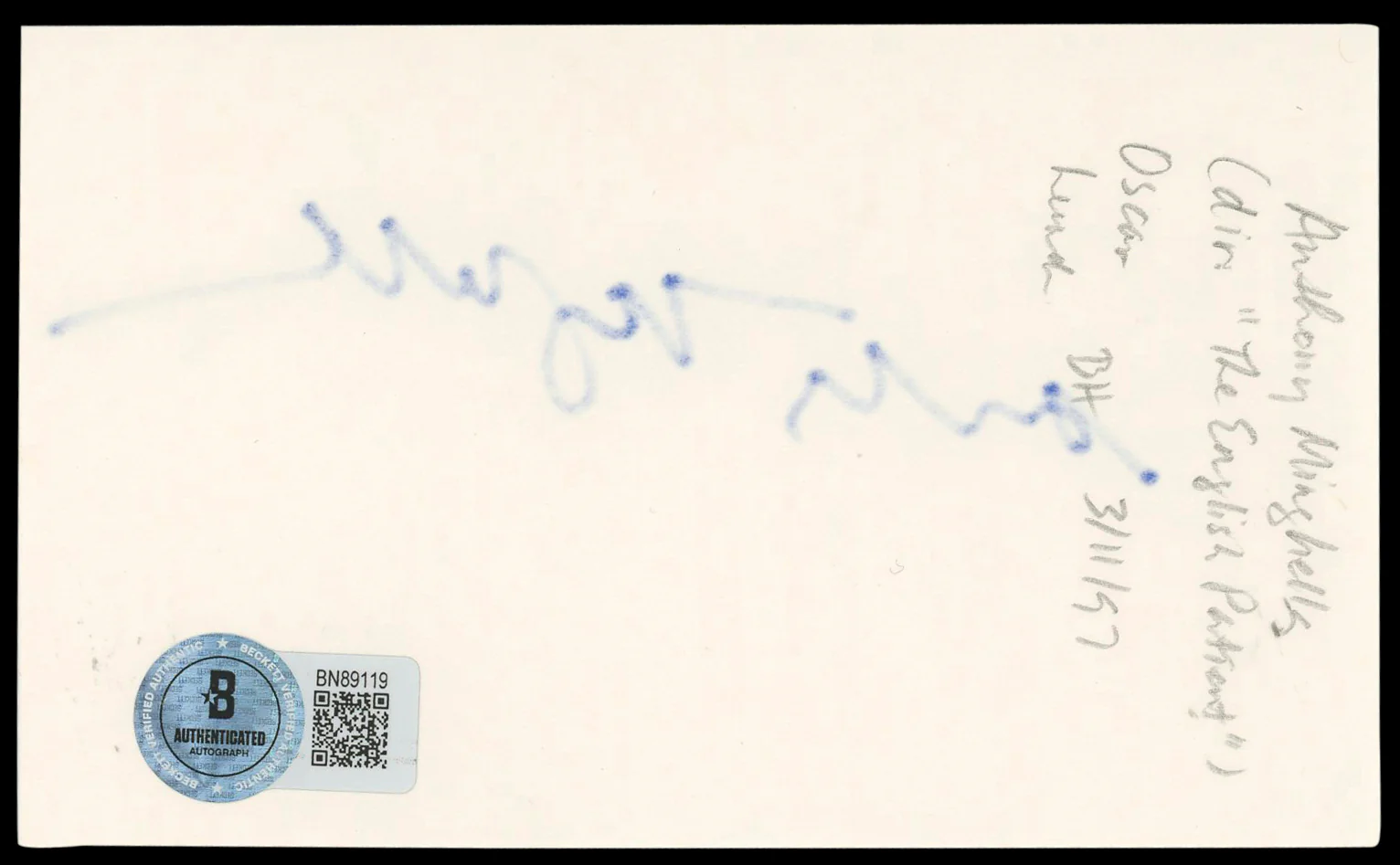 Anthony Minghella The English Patient Signed 3x5 Index Card BAS #BN89119 - Image 3