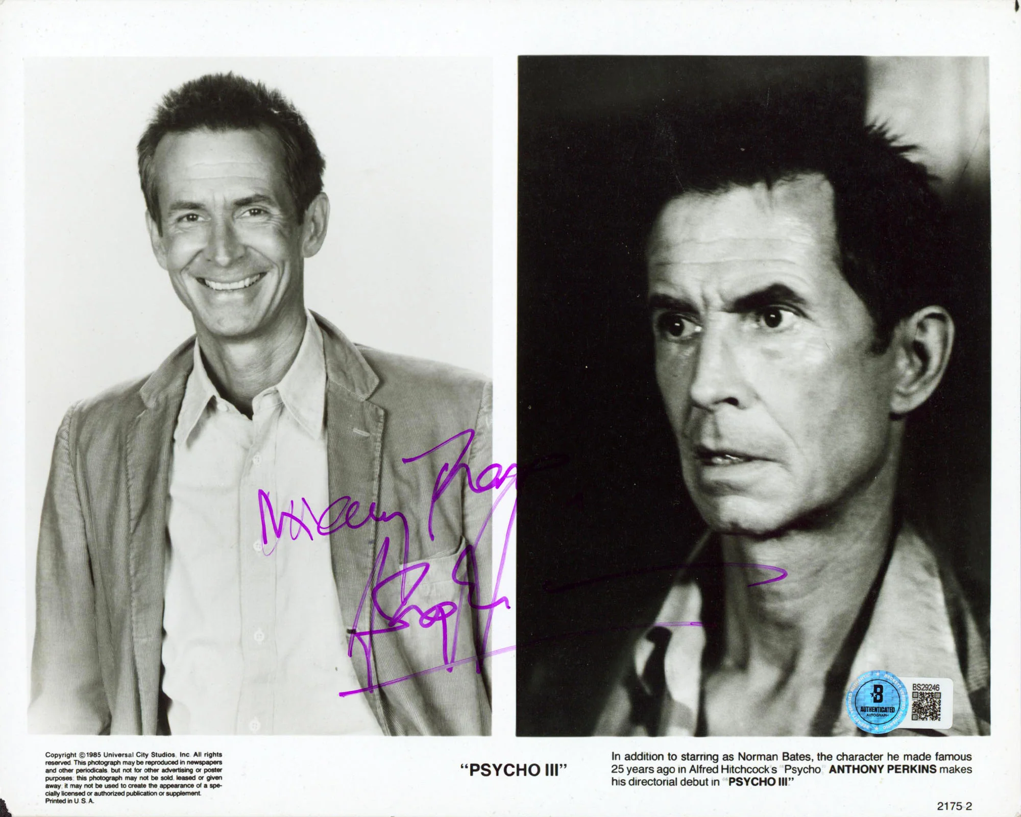 Anthony Perkins Psycho III Authentic Signed 8x10 Black & White Photo BAS#BS29246 - Image 2