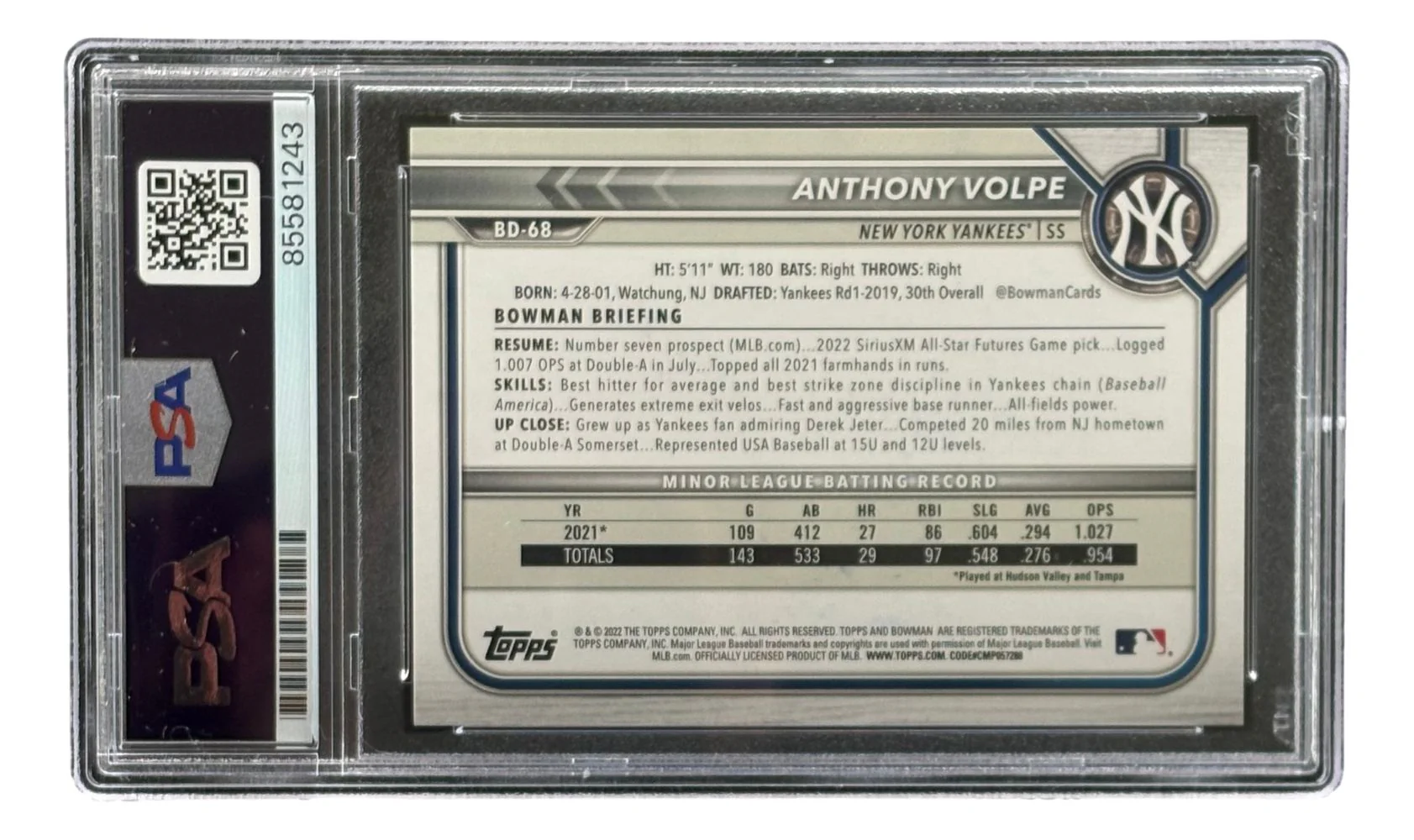 Anthony Volpe Signed 2022 Bowman #BD-68 New York Yankees Rookie Card PSA - Image 2