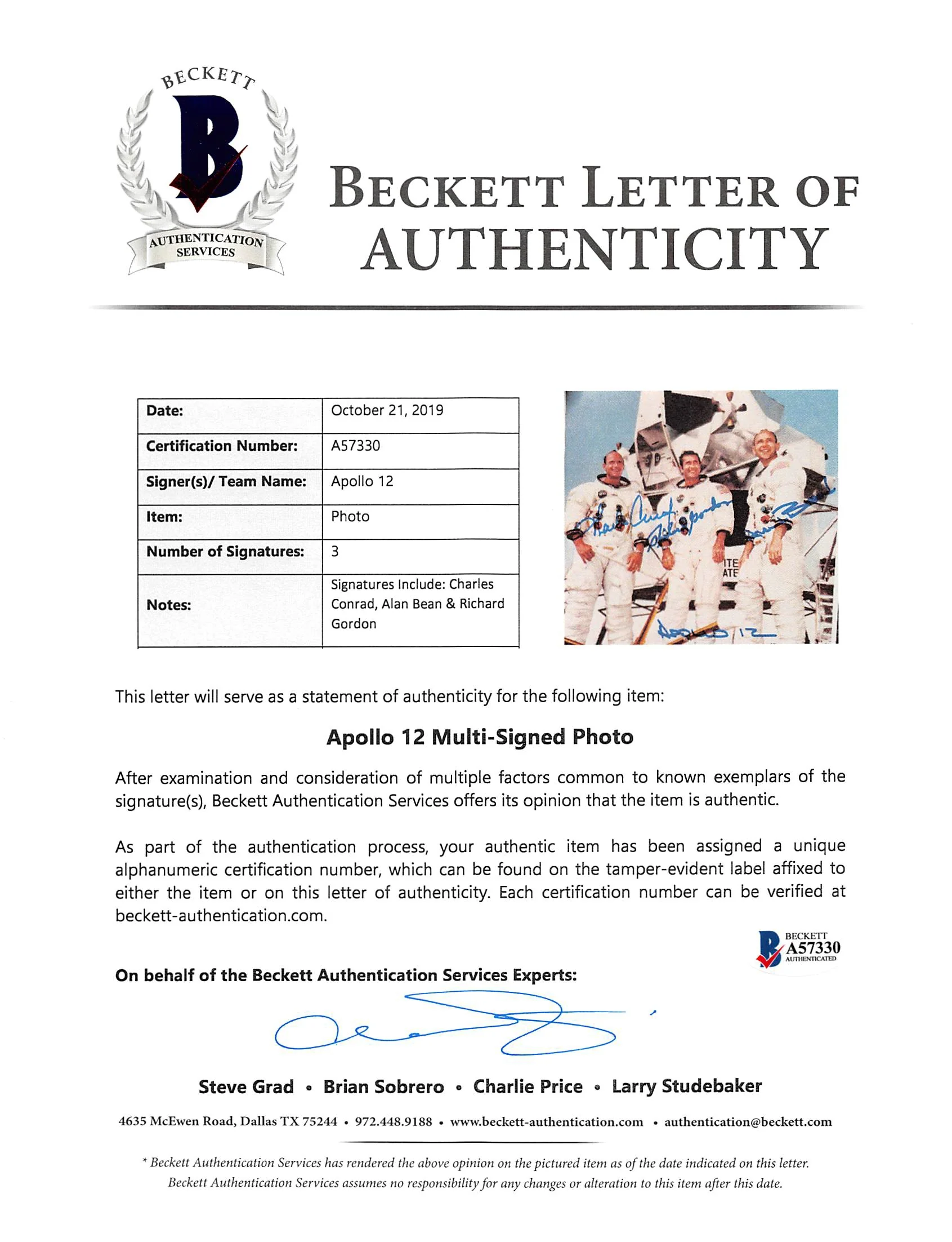 Apollo 12 Crew (3) Conrad, Gordon & Bean Authentic Signed 8x10 Photo BAS #A57330 - Image 3