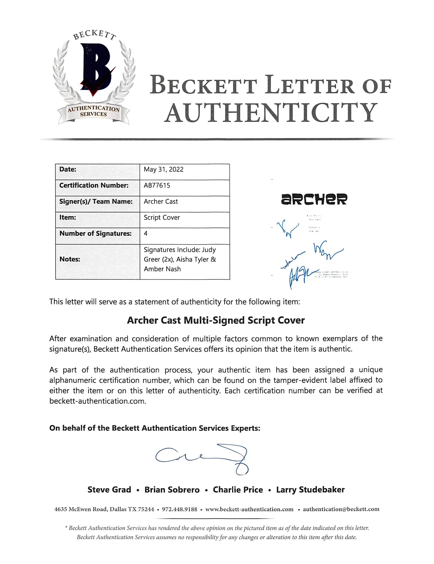 Archer (3) Tyler, Nash & Greer Authentic Signed 8.5x11 Script Cover BAS #AB77615 - Image 3