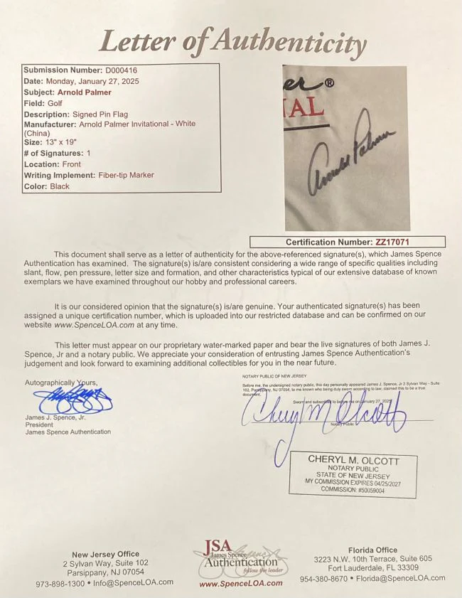 Arnold Palmer Signed Arnold Palmer Invitational White Golf Flag JSA LOA - Image 3
