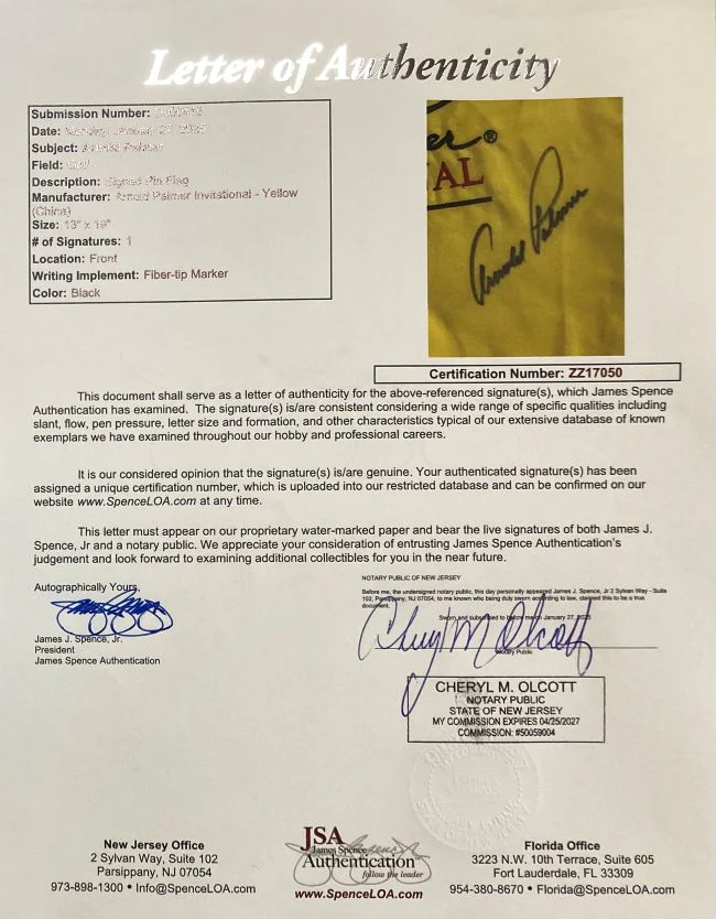 Arnold Palmer Signed Arnold Palmer Invitational Yellow Golf Flag JSA LOA - Image 3