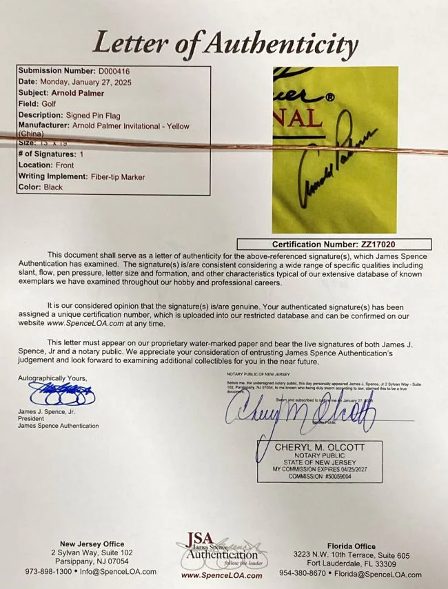 Arnold Palmer Signed Framed Arnold Palmer Invitational Yellow Golf Flag JSA LOA - Image 3