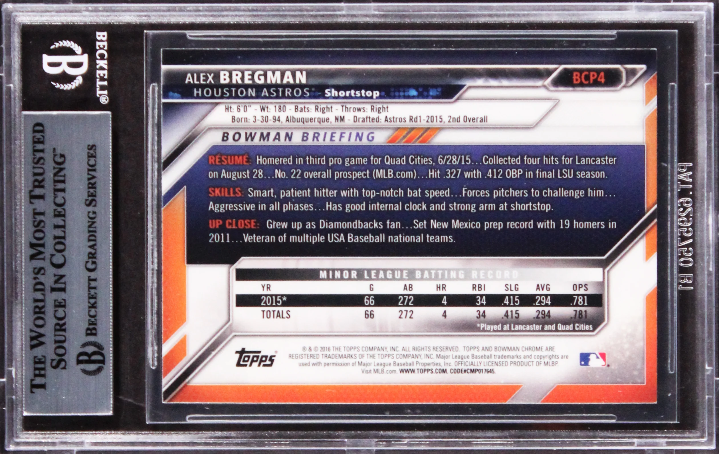 Astros Alex Bregman Signed 2016 Bowman Chrome Prospects #BCP4 RC Card BAS Slab 2 - Image 3