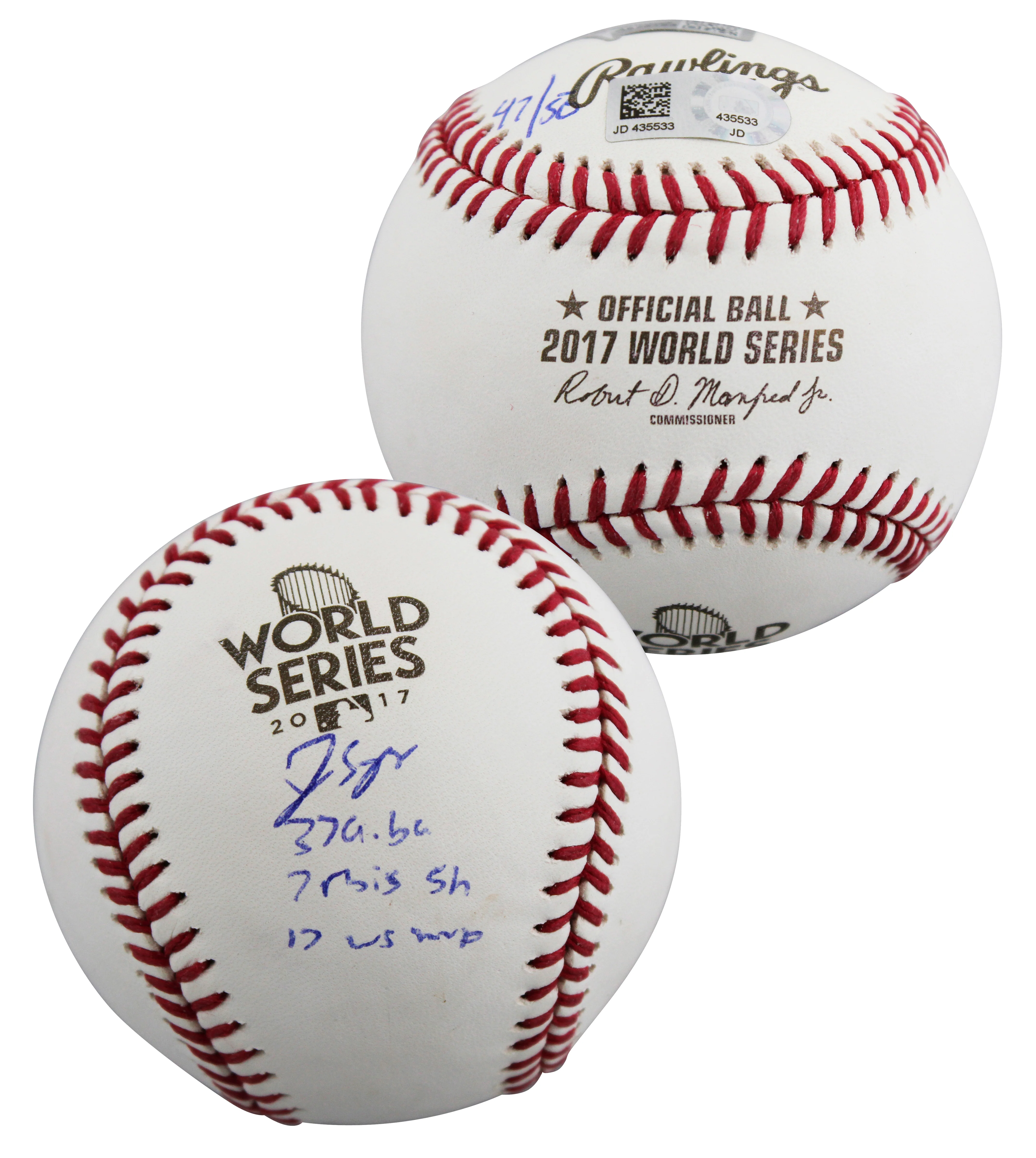Astros George Springer "4x Insc" Signed 2017 WS Oml LE #47/50 Baseball Fanatics - Image 2