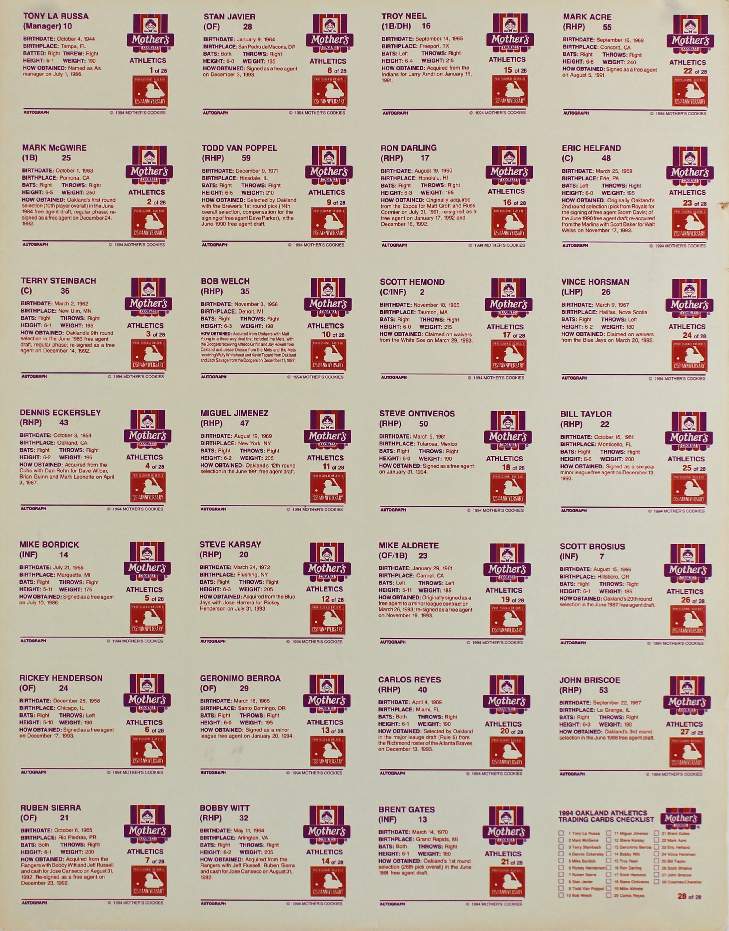 Athletics 15.25x19.5 Uncut Trading Card Sheet Un-signed - Image 5