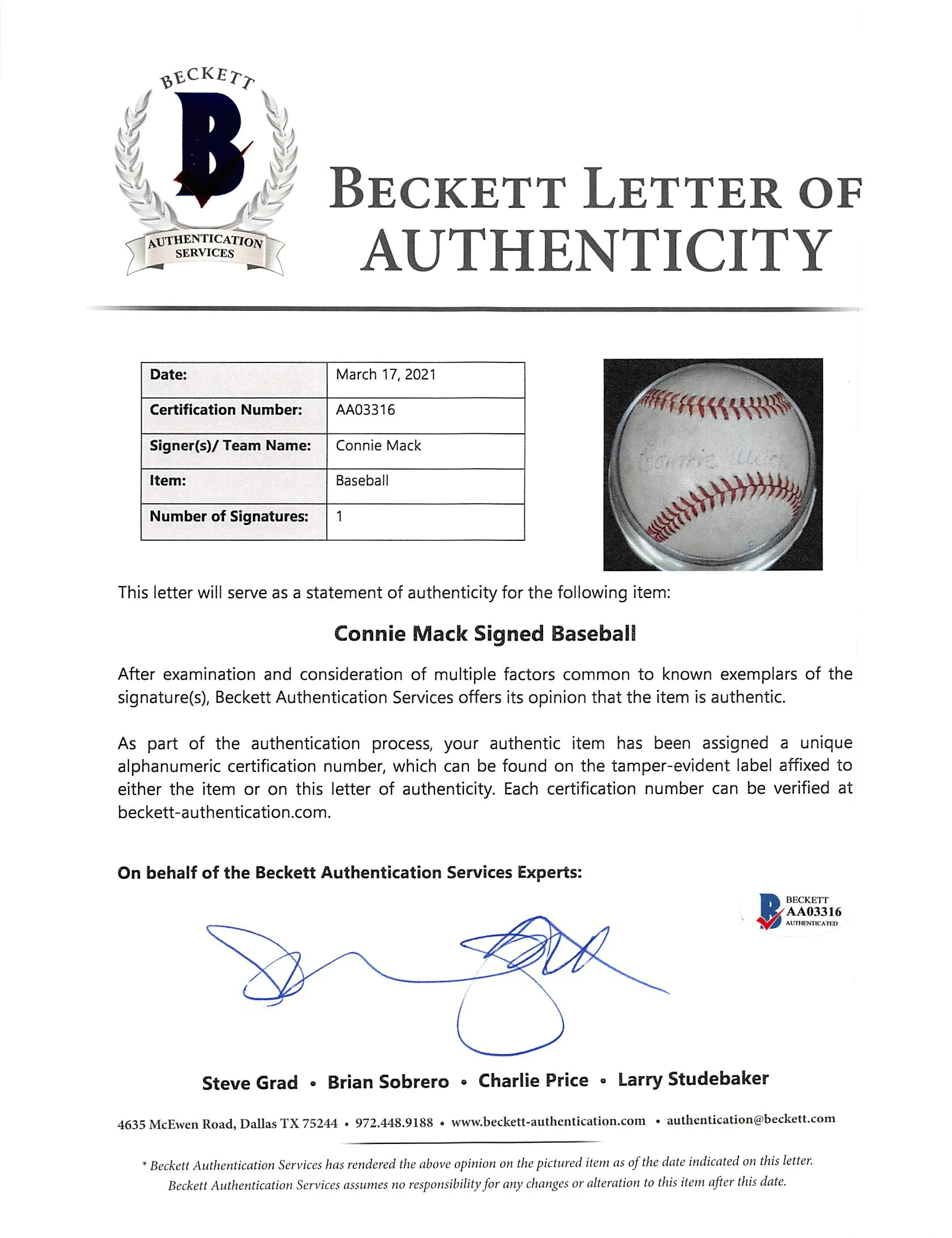 Athletics Connie Mack Signed Reach Official League Baseball BAS #AA03316 - Image 8