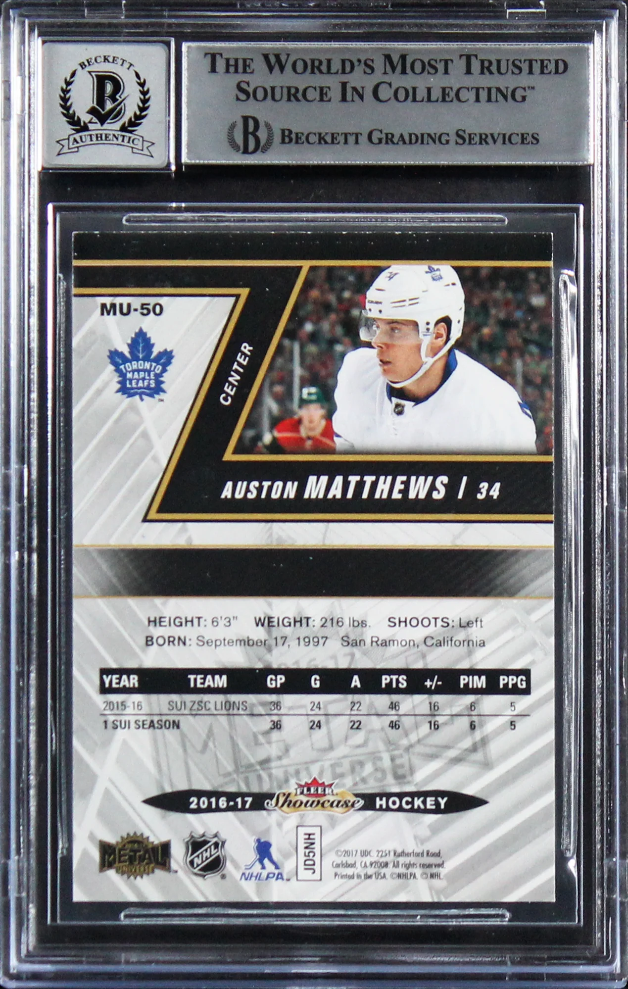 Auston Matthews Signed 2016 Fleer Showcase Metal #MU50 Card Auto 10! BAS Slabbed - Image 3