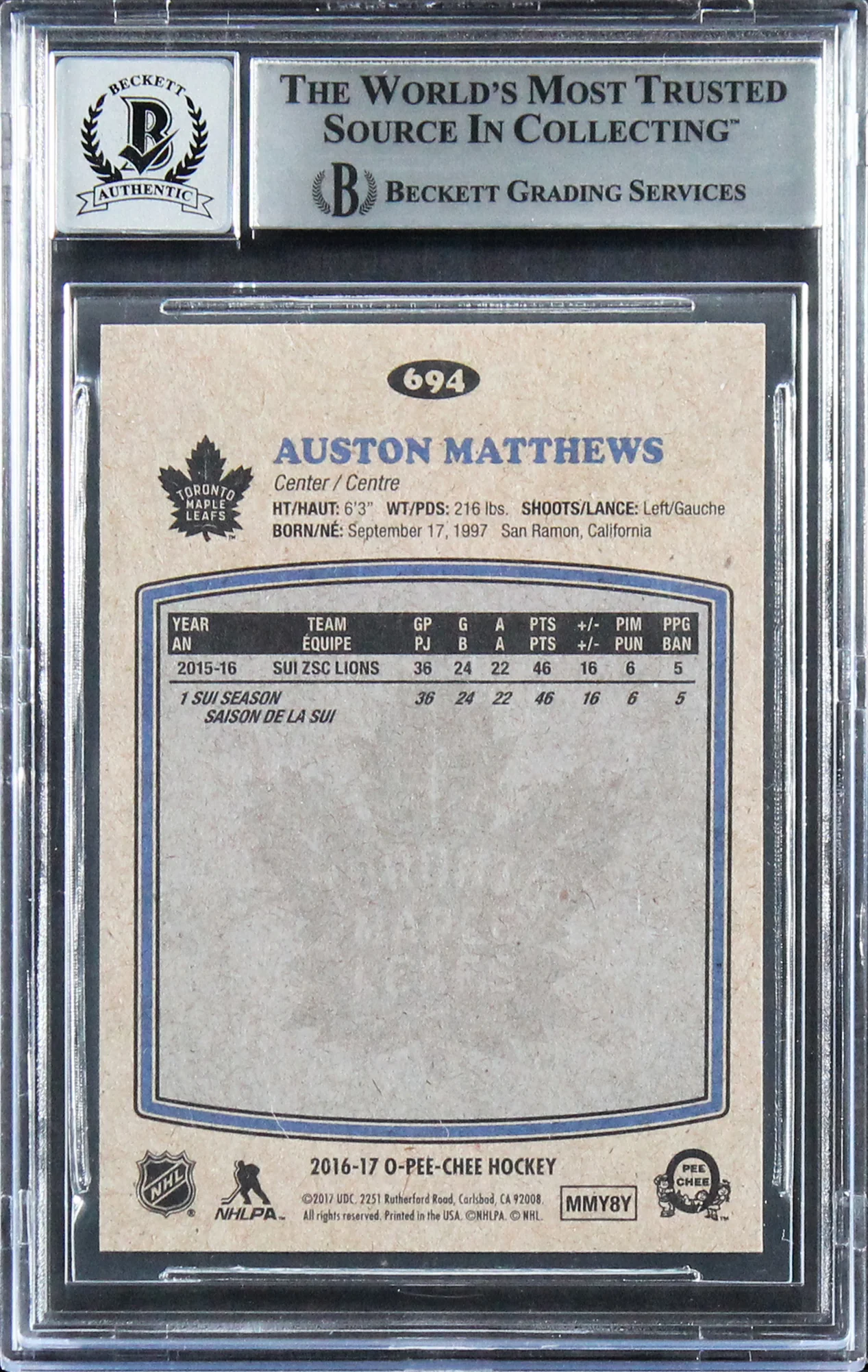 Auston Matthews Signed 2016 O-Pee-Chee Retro #694 RC Card Auto 10! BAS Slabbed - Image 3