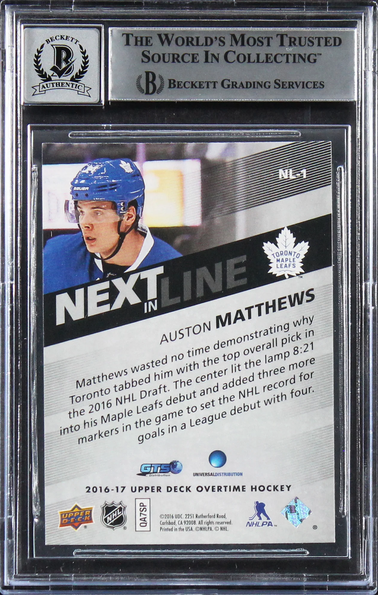 Auston Matthews Signed 2016 UD Overtime NIL #NL1 Rookie Card Auto 10! BAS Slab - Image 3