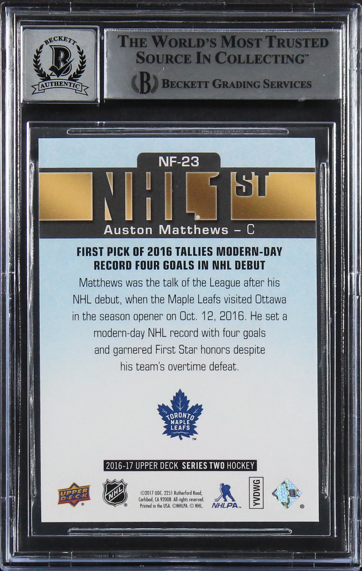 Auston Matthews Signed 2016 Upper Deck NHL Firsts #NF23 RC Card Auto 10 BAS Slab - Image 3
