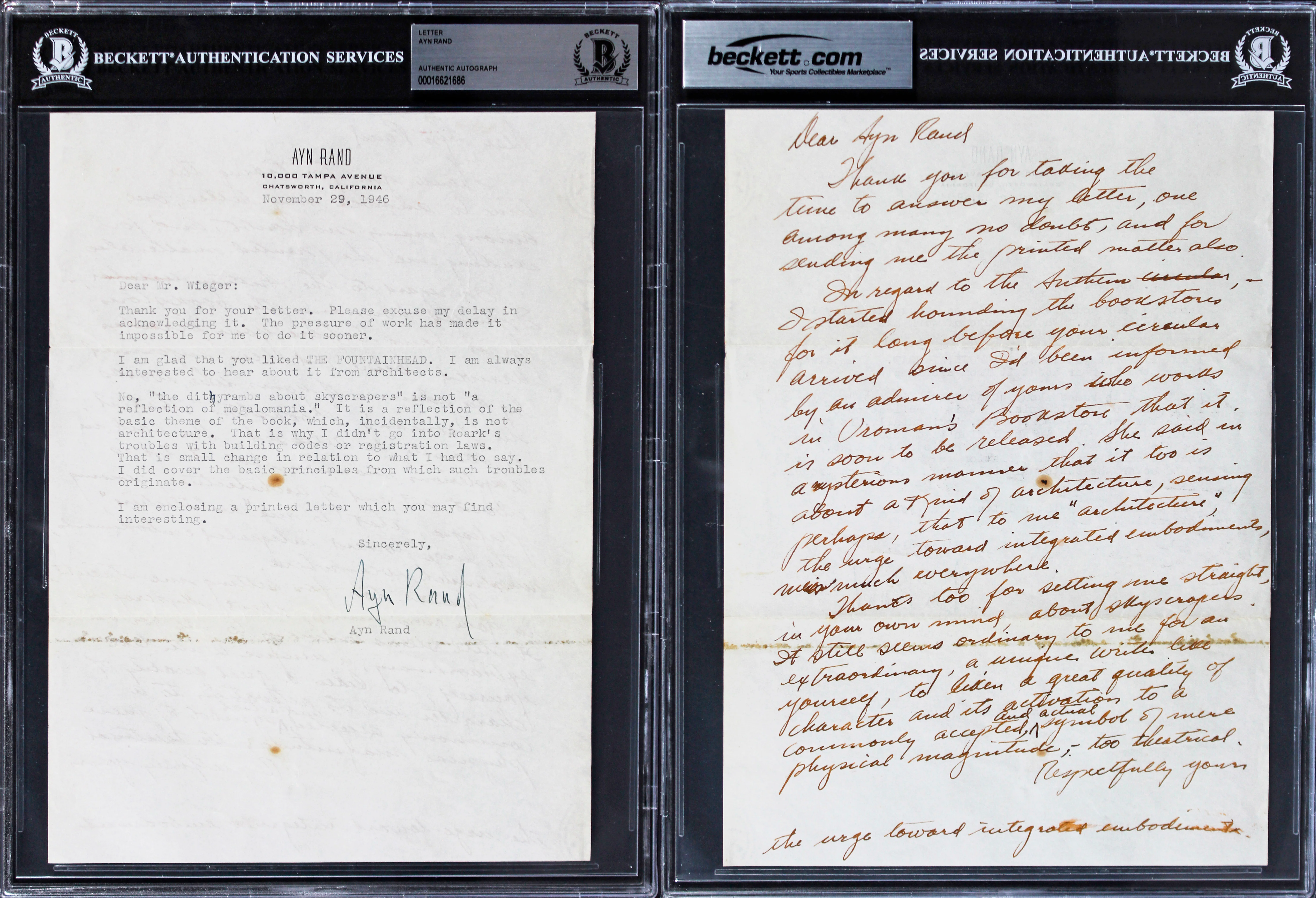 Ayn Rand Authentic Signed 7.25x10 Typed Letter Dated Nov. 29, 1946 BAS Slabbed - Image 2