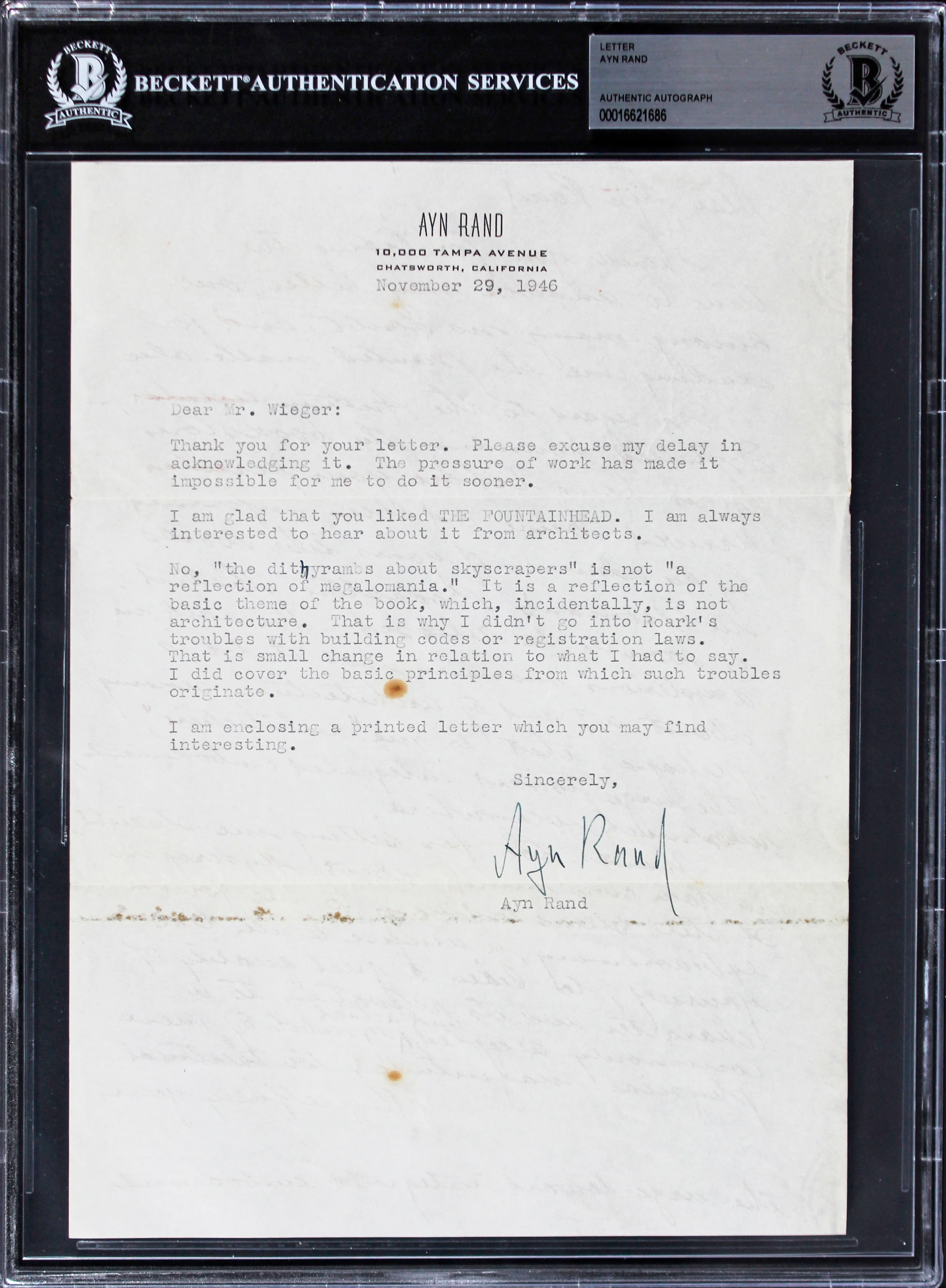 Ayn Rand Authentic Signed 7.25x10 Typed Letter Dated Nov. 29, 1946 BAS Slabbed - Image 3