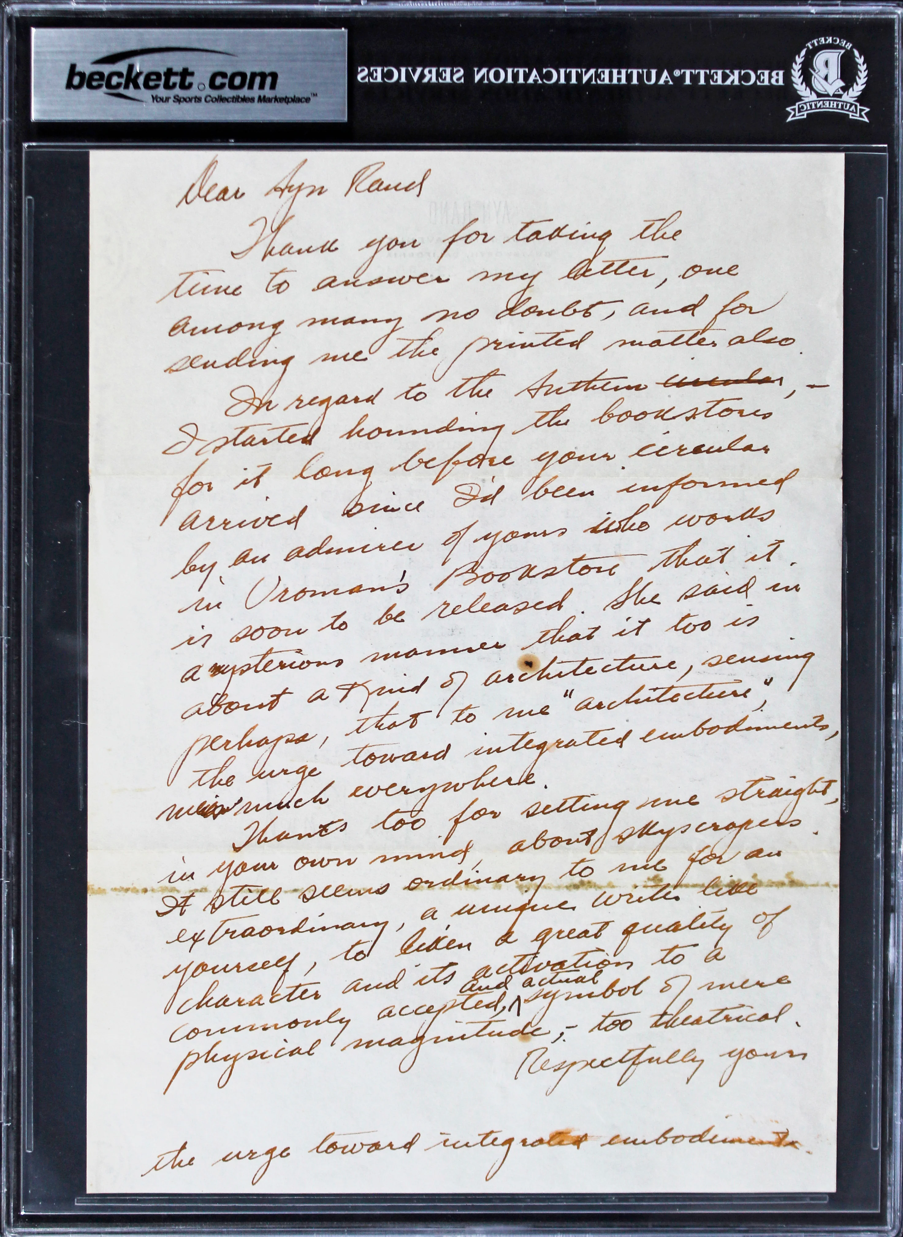 Ayn Rand Authentic Signed 7.25x10 Typed Letter Dated Nov. 29, 1946 BAS Slabbed - Image 4