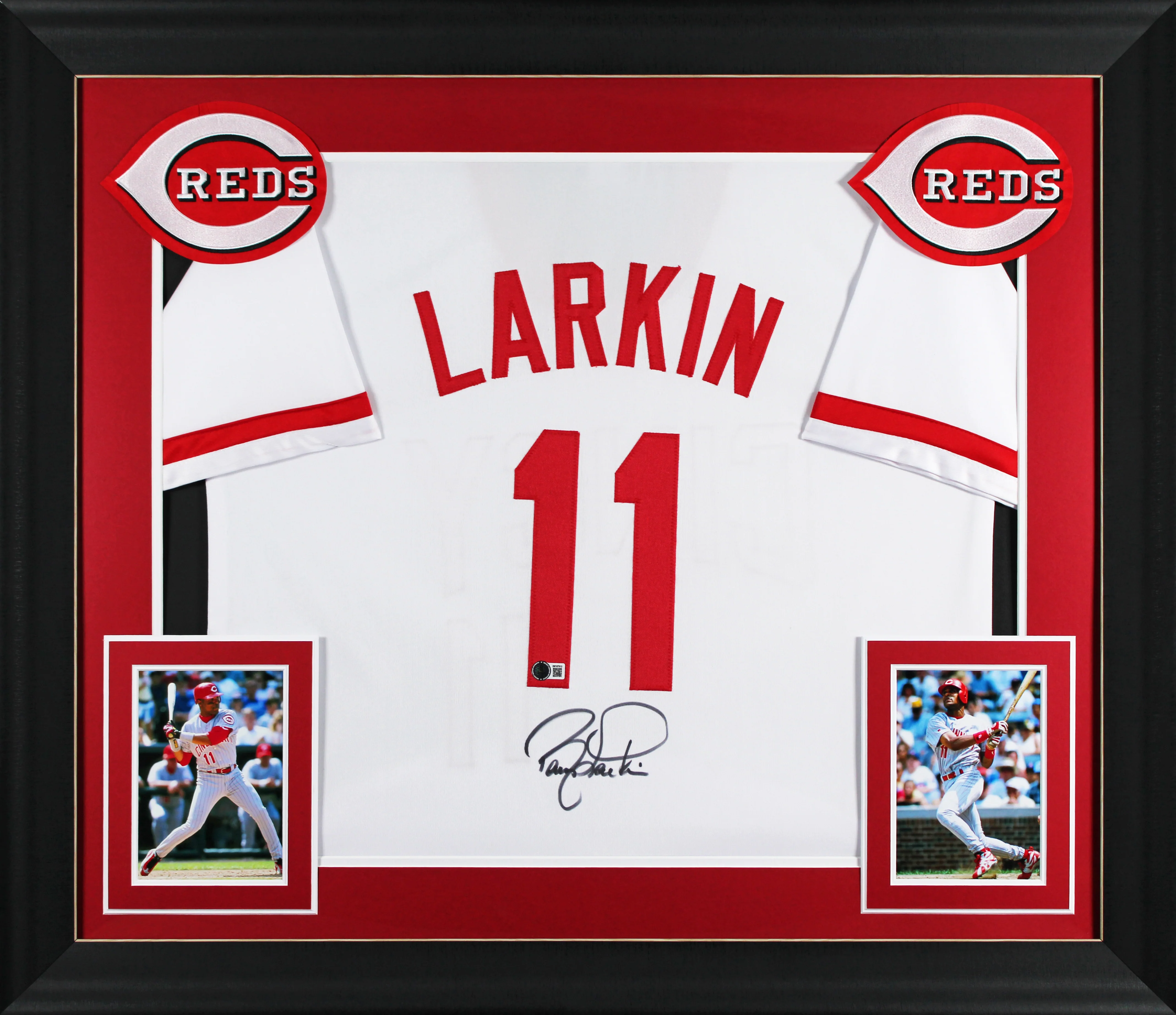 Barry Larkin Authentic Signed White Pro Style Framed Jersey BAS Witnessed - Image 2