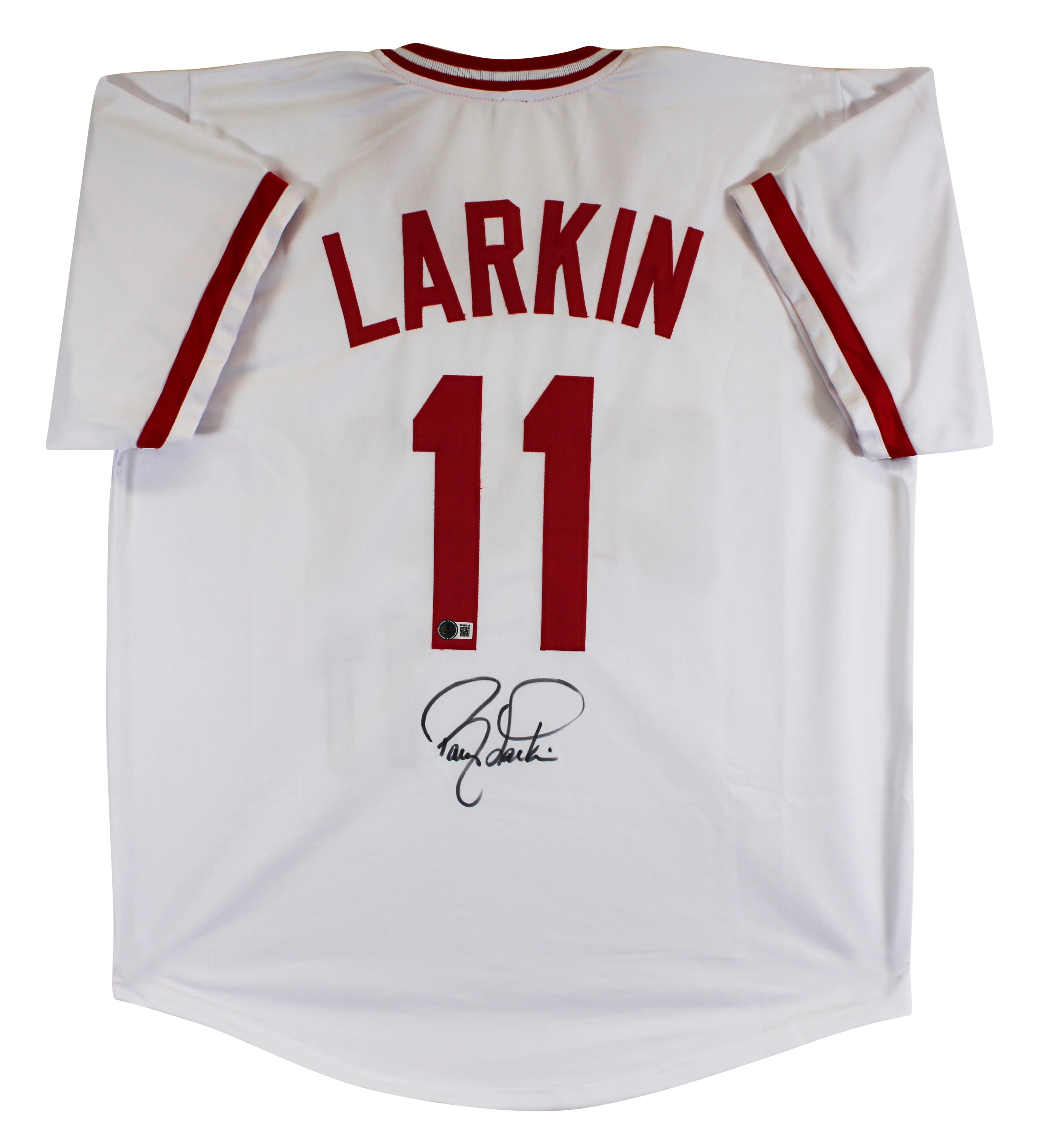Barry Larkin Authentic Signed White Pro Style Jersey Autographed BAS Witnessed - Image 2