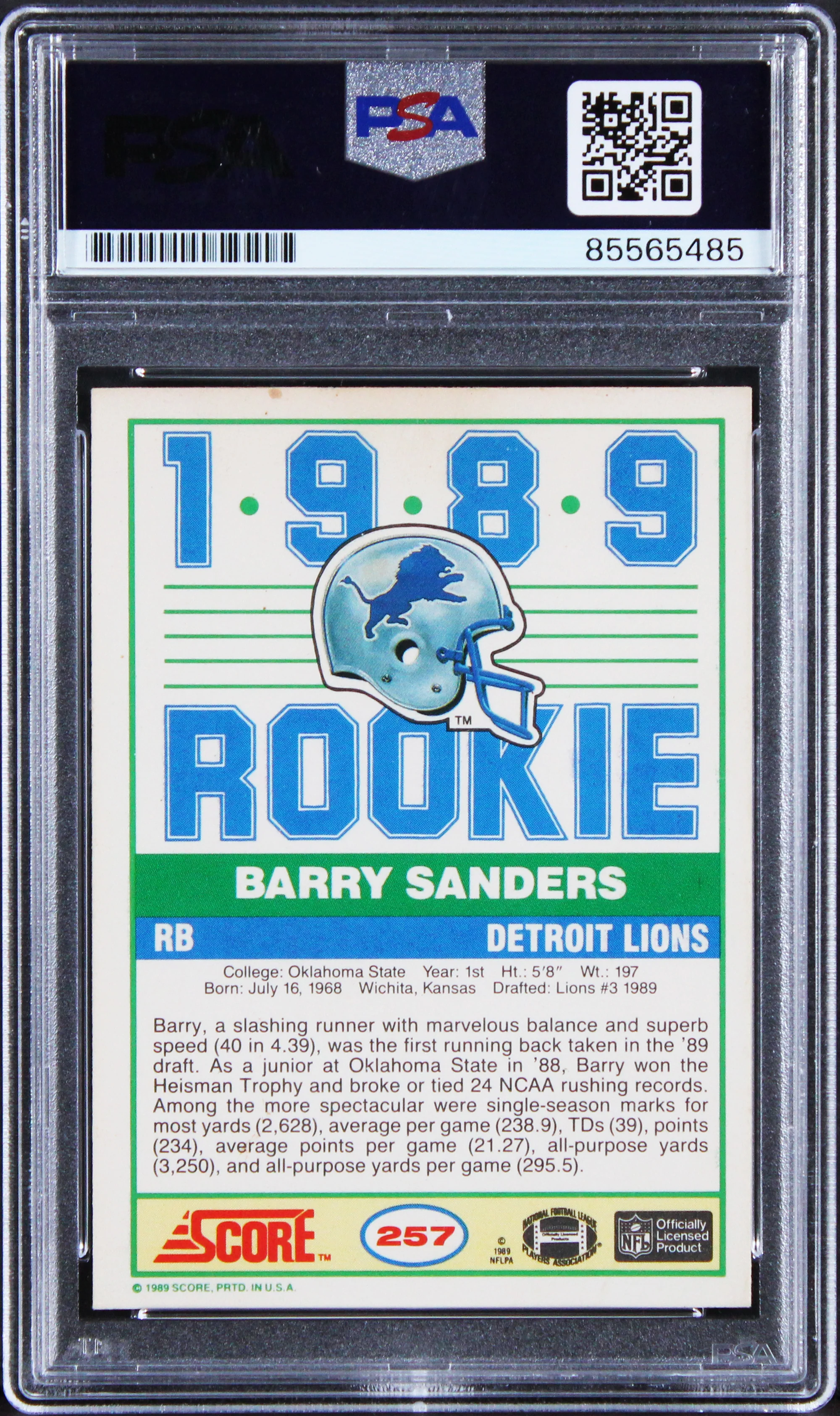 Barry Sanders "89 ROY" Signed 1989 Score #257 RC Card Auto 10! PSA/DNA Slabbed - Image 3