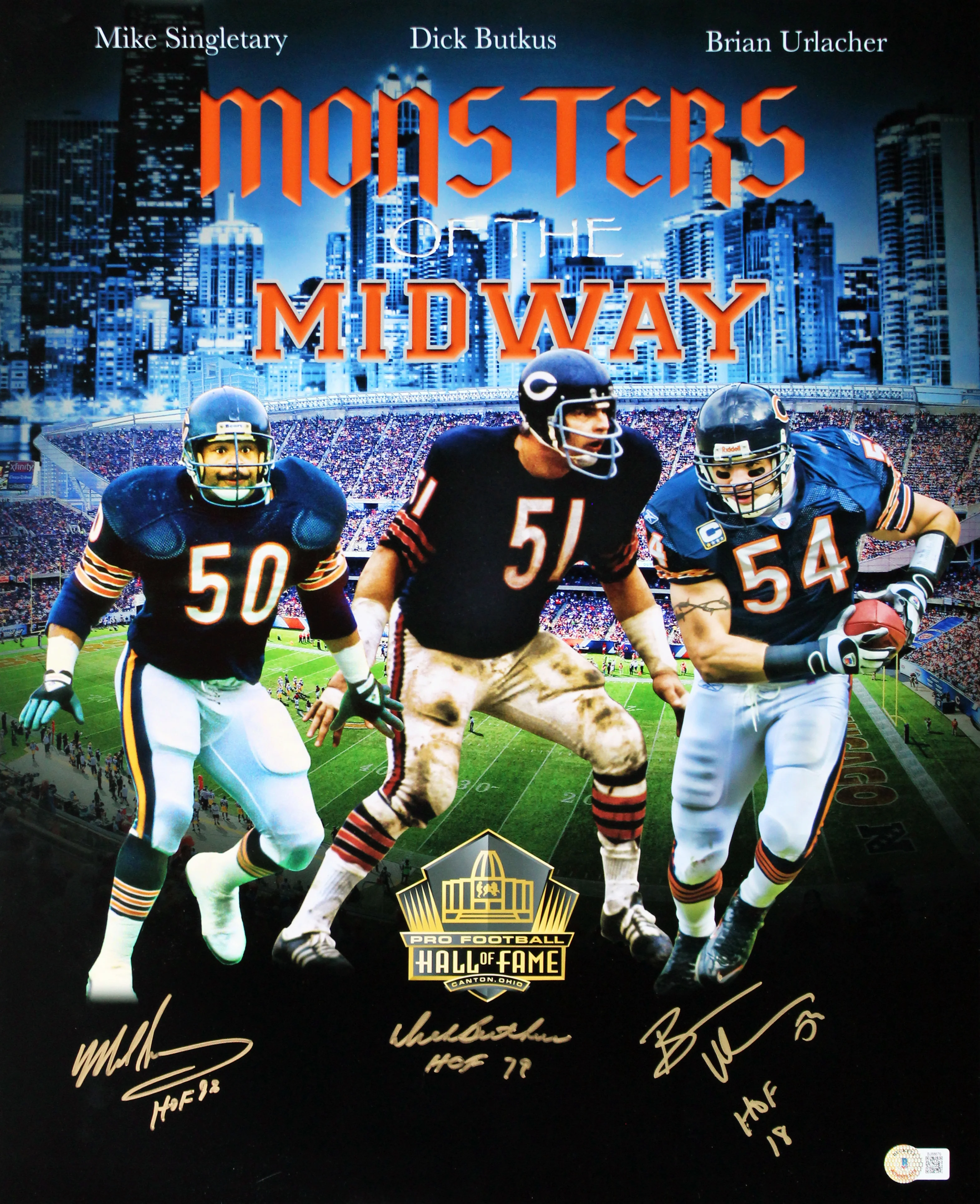 Bears (3) Butkus, Singletary & Urlacher "HOF" Signed 16x20 Photo BAS Witness - Image 2