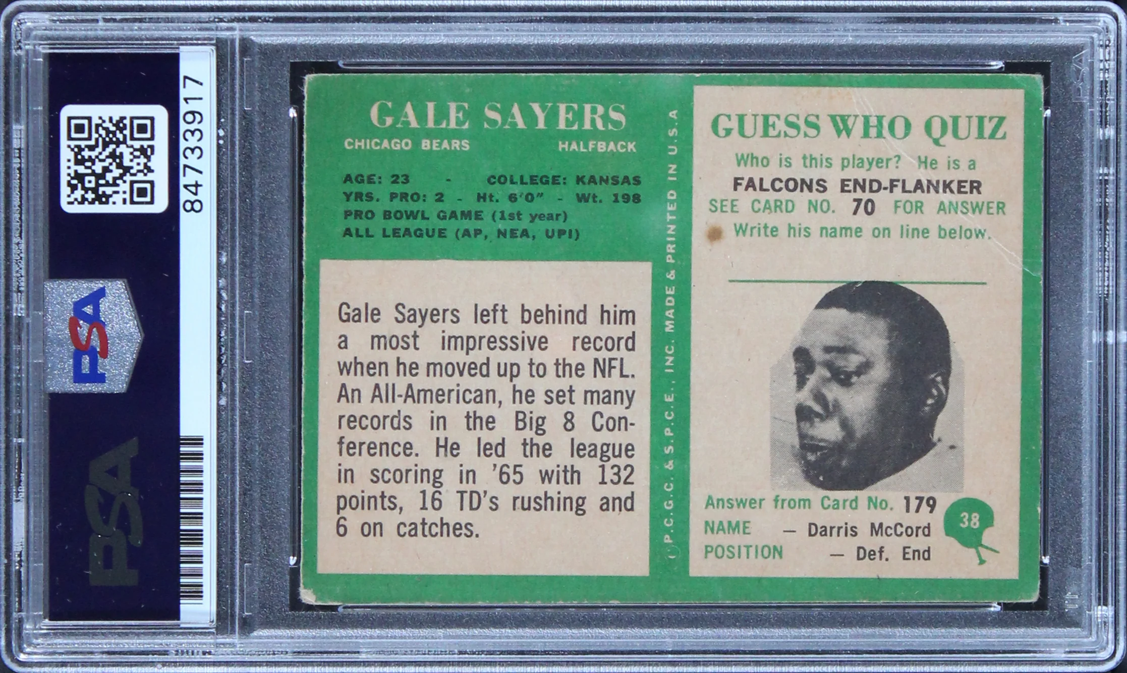 Bears Gale Sayers Authentic Signed 1966 Philadelphia #38 Rookie Card PSA Slabbed - Image 3