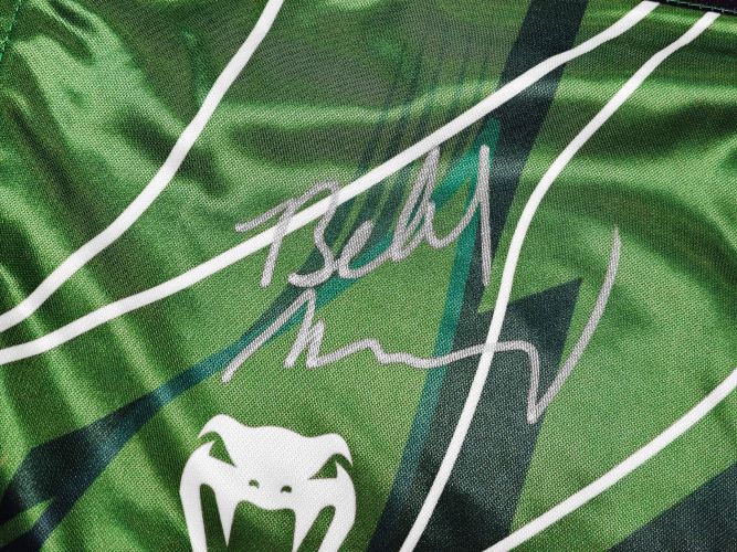 Belal Muhammad Signed Custom Green MMA Fight Trunks BAS - Image 2