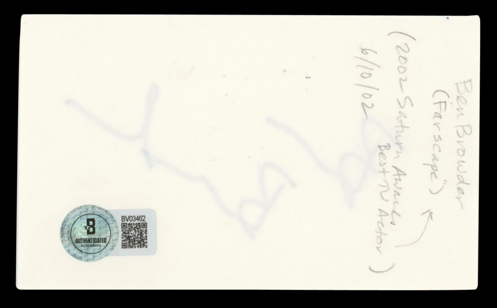 Ben Browder Farscape Authentic Signed 3x5 Index Card Autographed BAS #BV03462 - Image 3